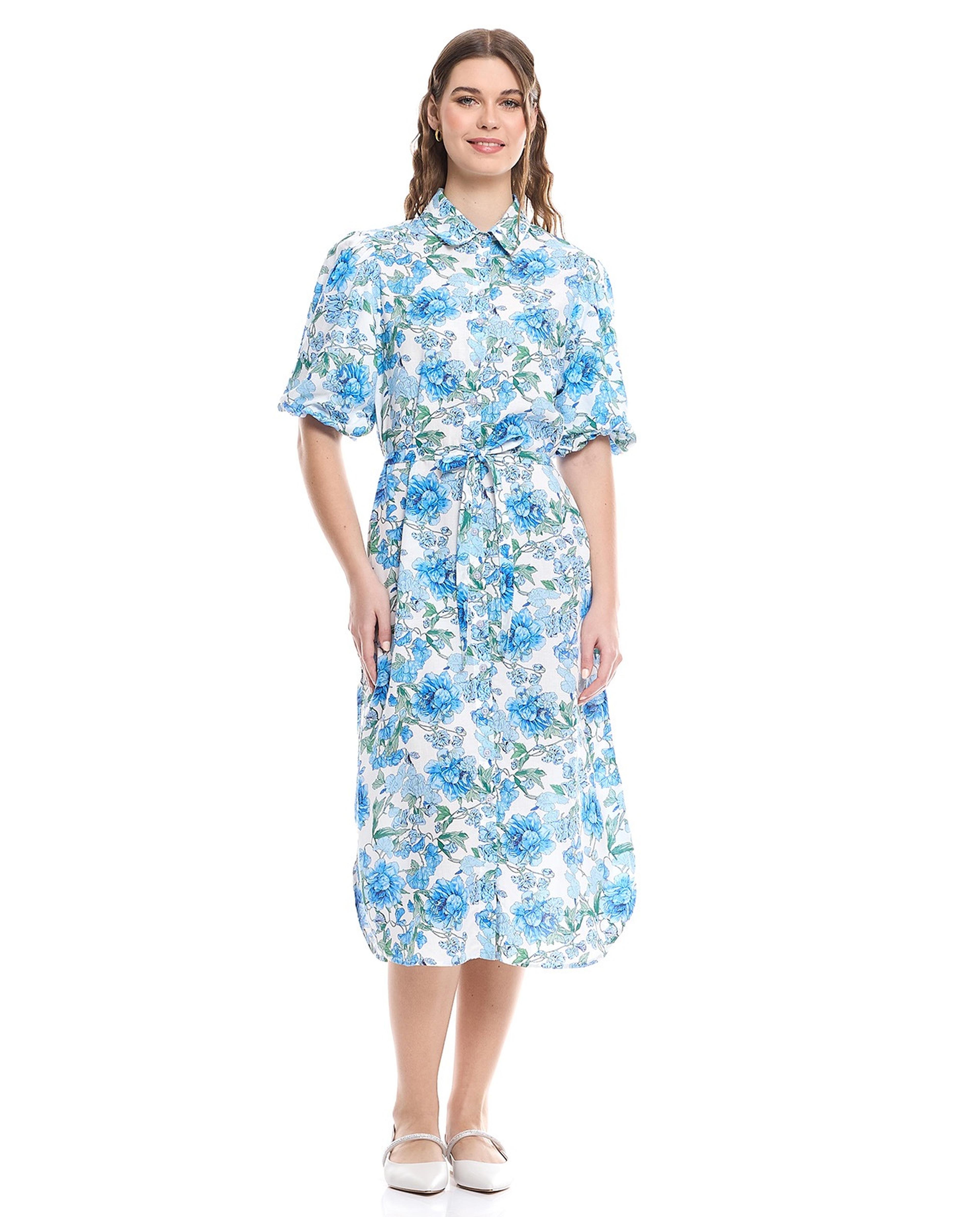 Floral Print Shirt Dress with Balloon Sleeves