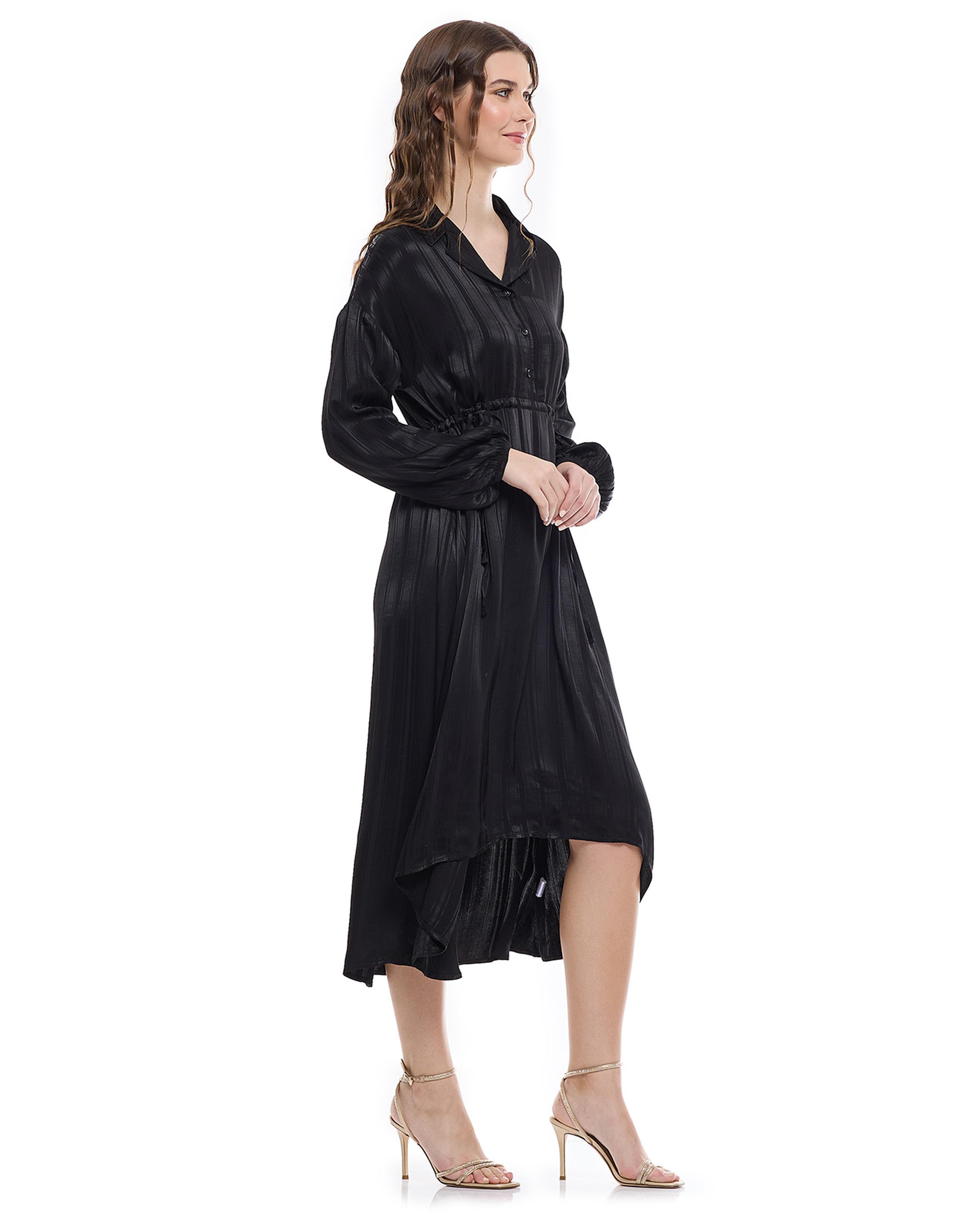 Self Striped High-Low Dress with Lapel Collar and Balloon Sleeves