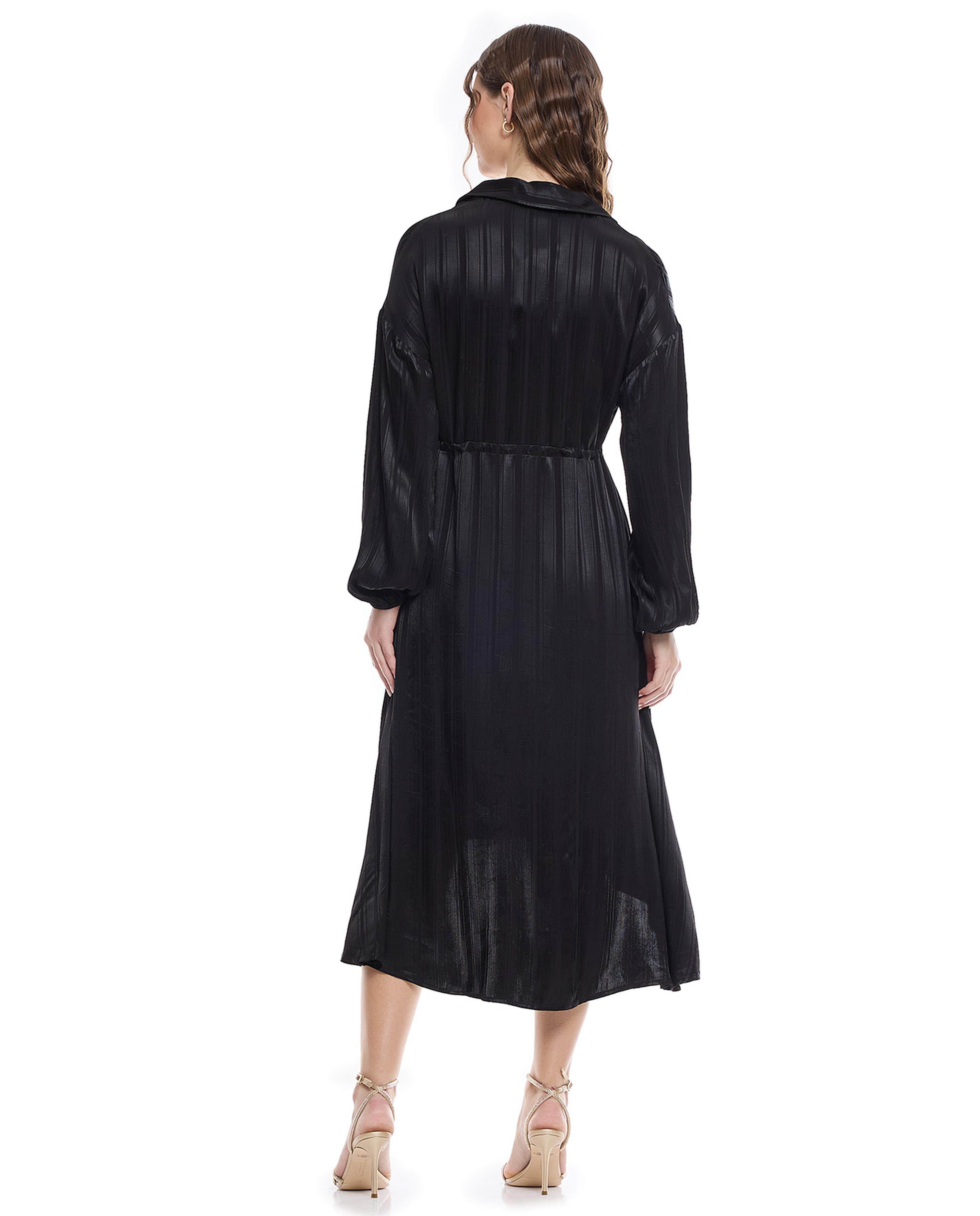 Self Striped High-Low Dress with Lapel Collar and Balloon Sleeves