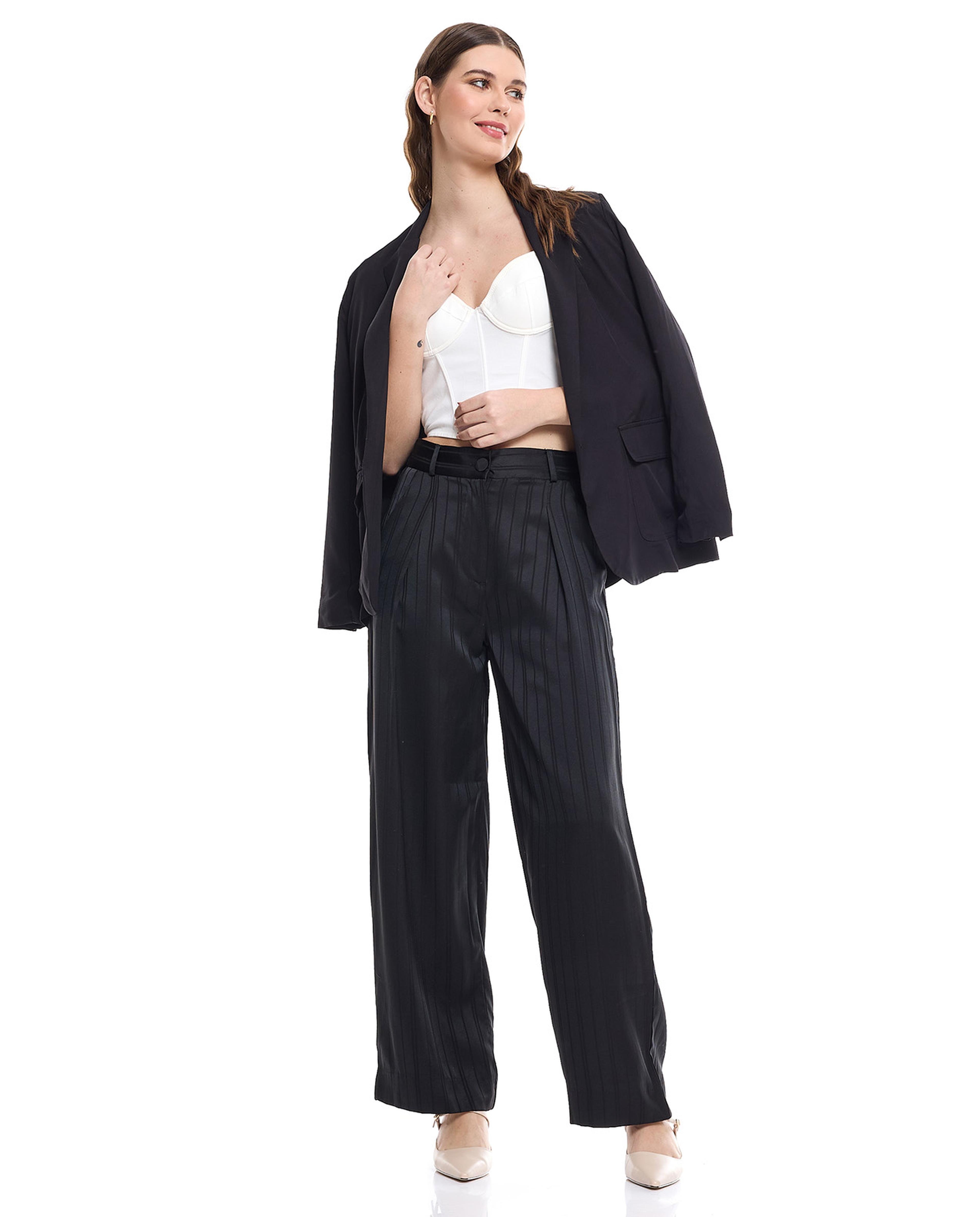 Self Striped Wide Leg Trousers with Button Closure