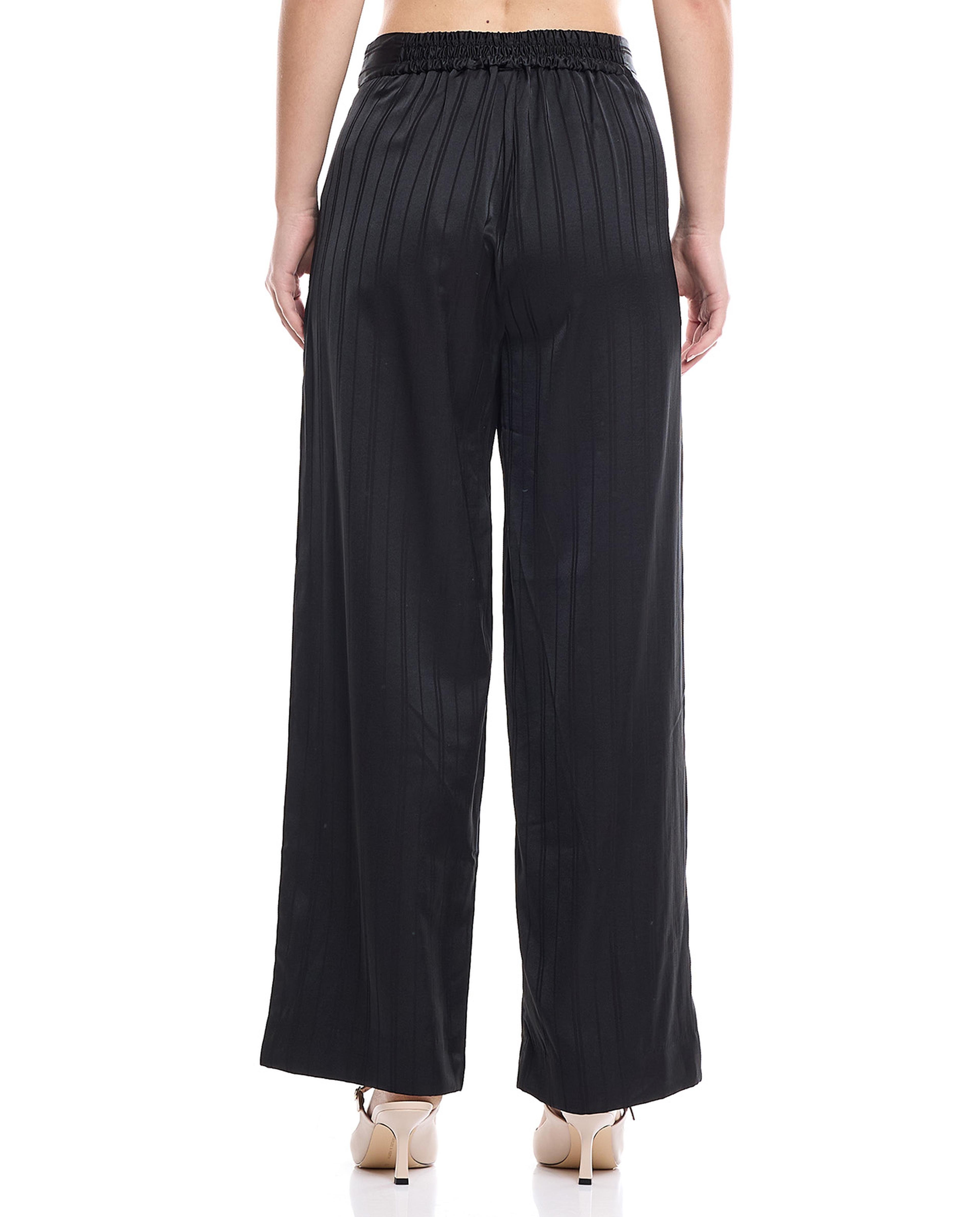 Self Striped Wide Leg Trousers with Button Closure