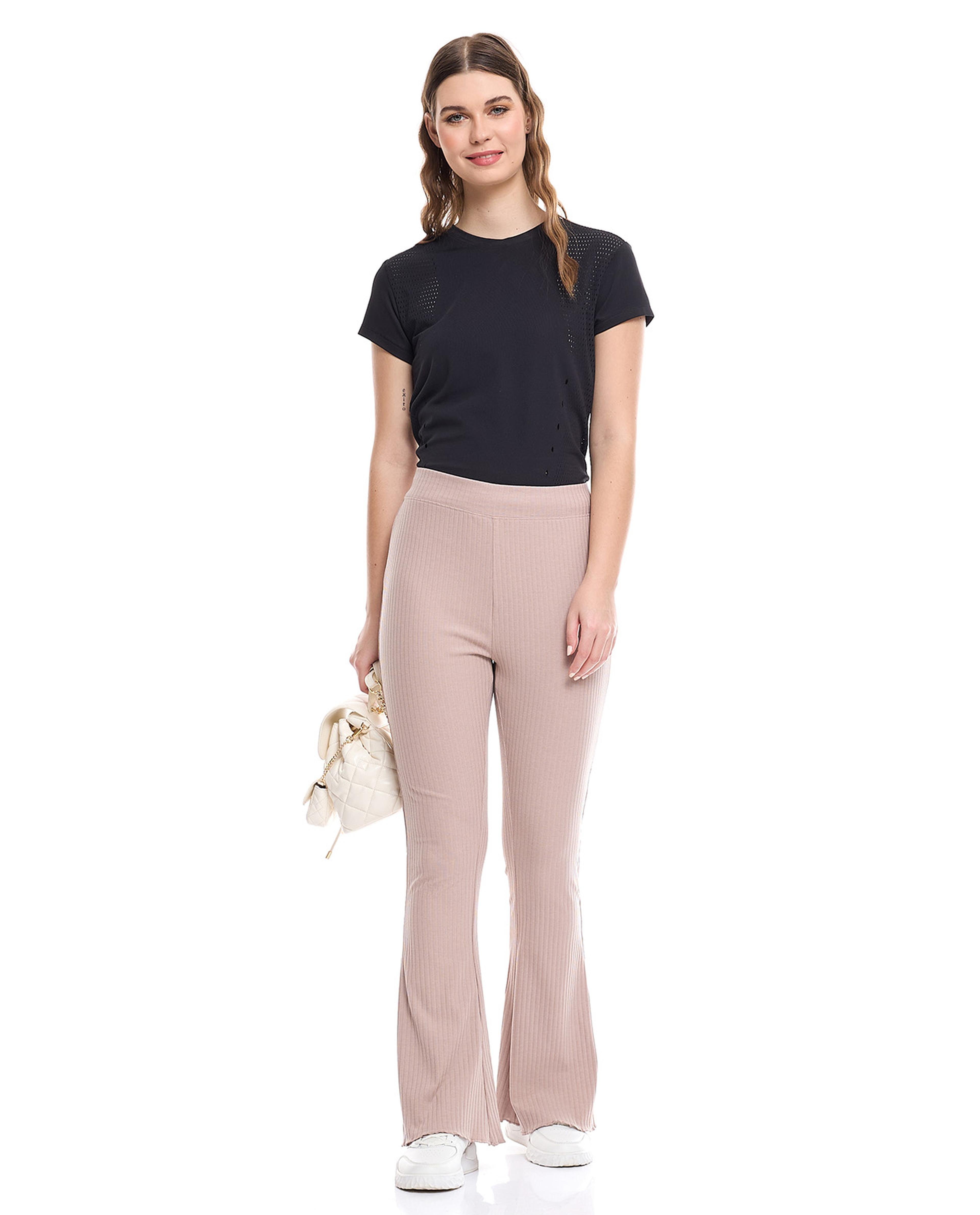 Ribbed Flared Pants with Elastic Waist