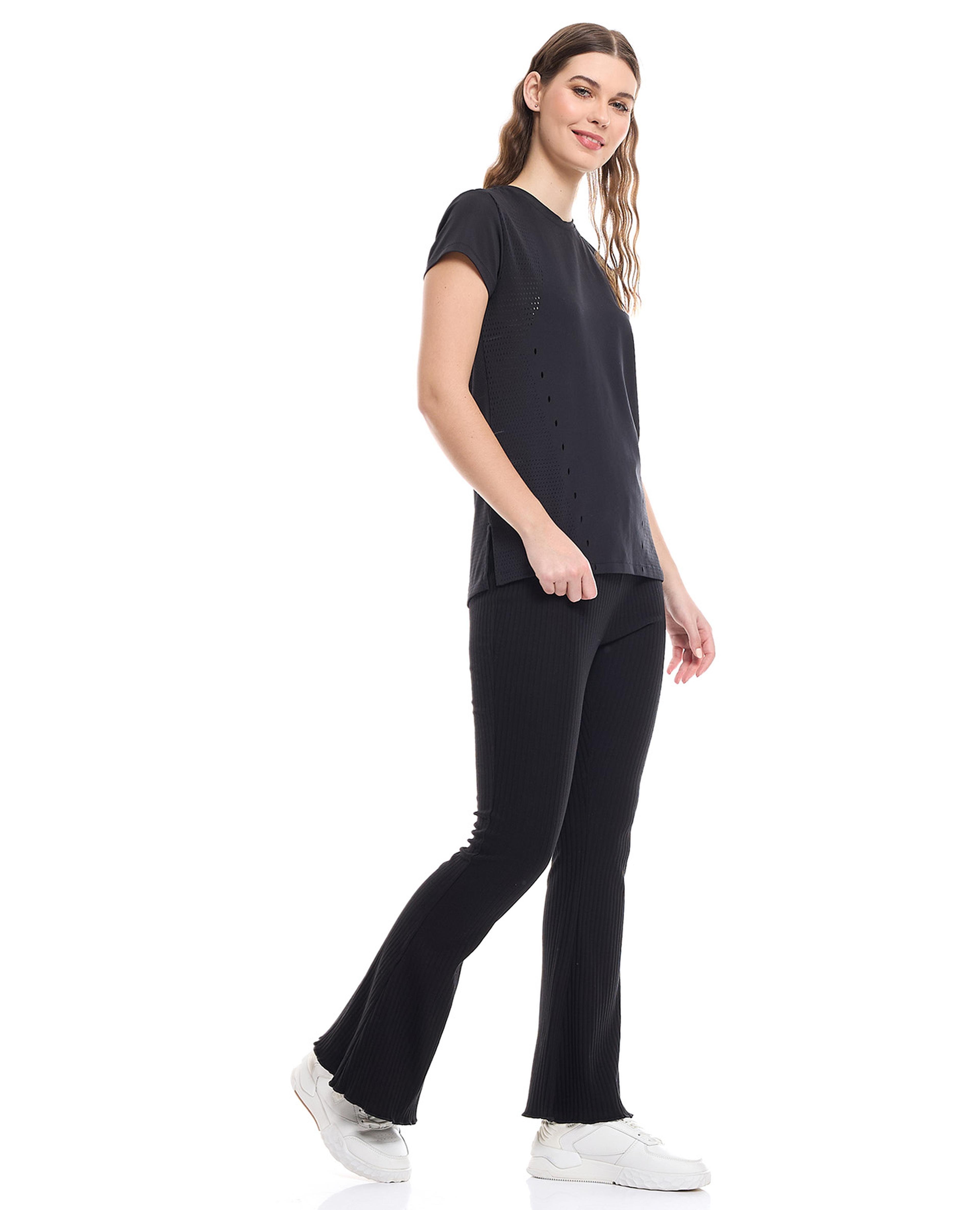 Ribbed Flared Pants with Elastic Waist