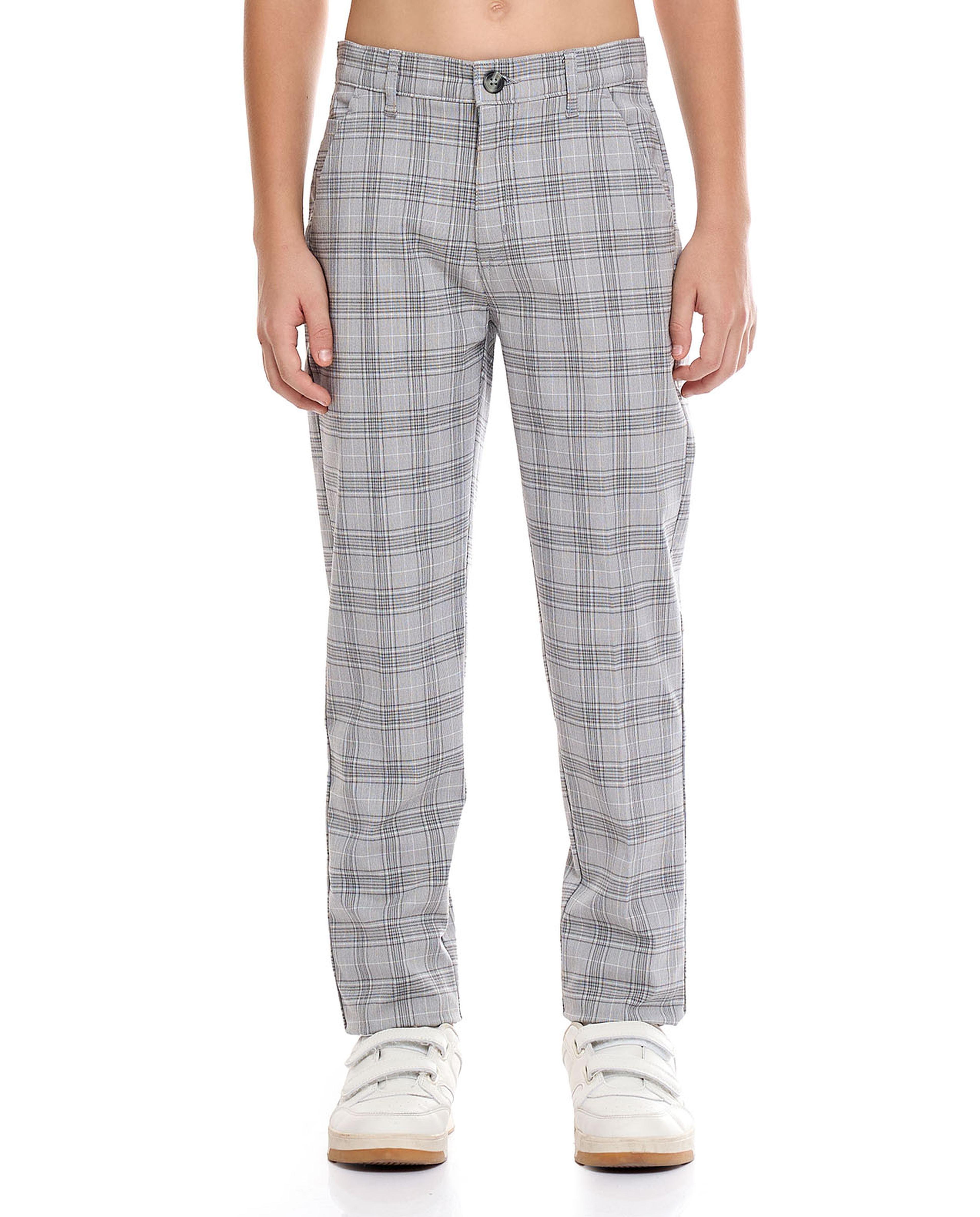 Plaid Straight Fit Pants with Button Closure