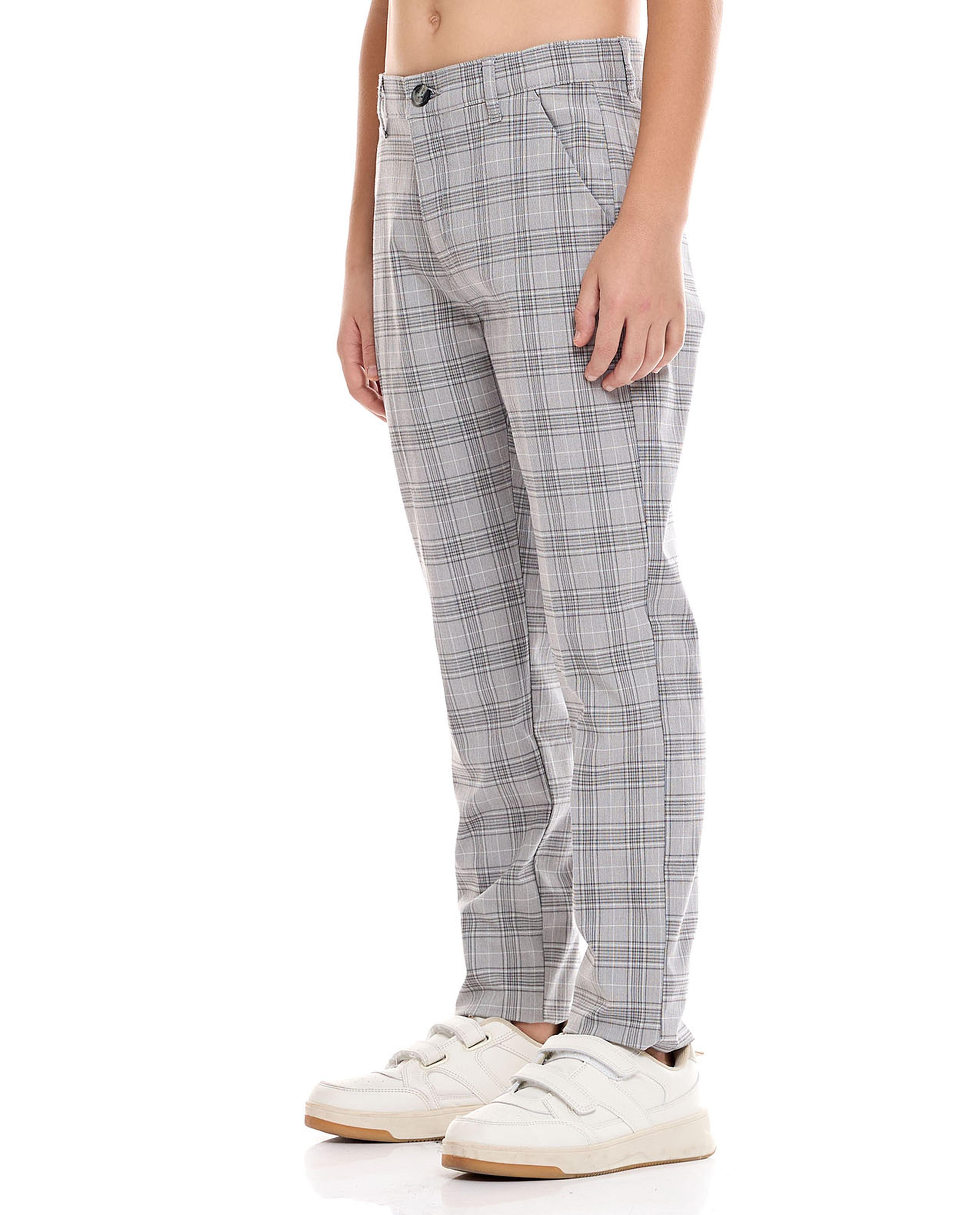 Plaid Straight Fit Pants with Button Closure