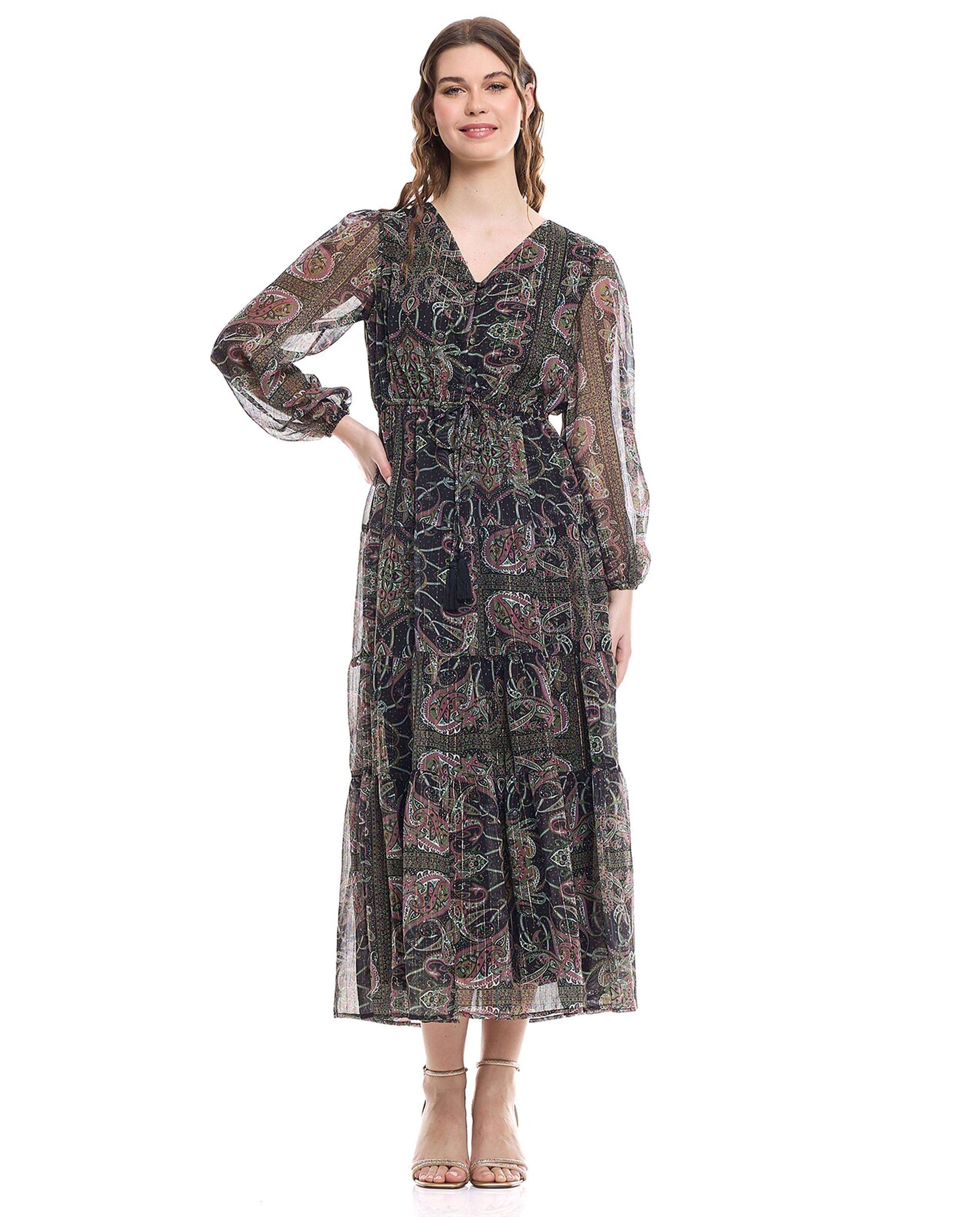 Paisley Patterned Tiered Dress with V-Neck and Puff Sleeves