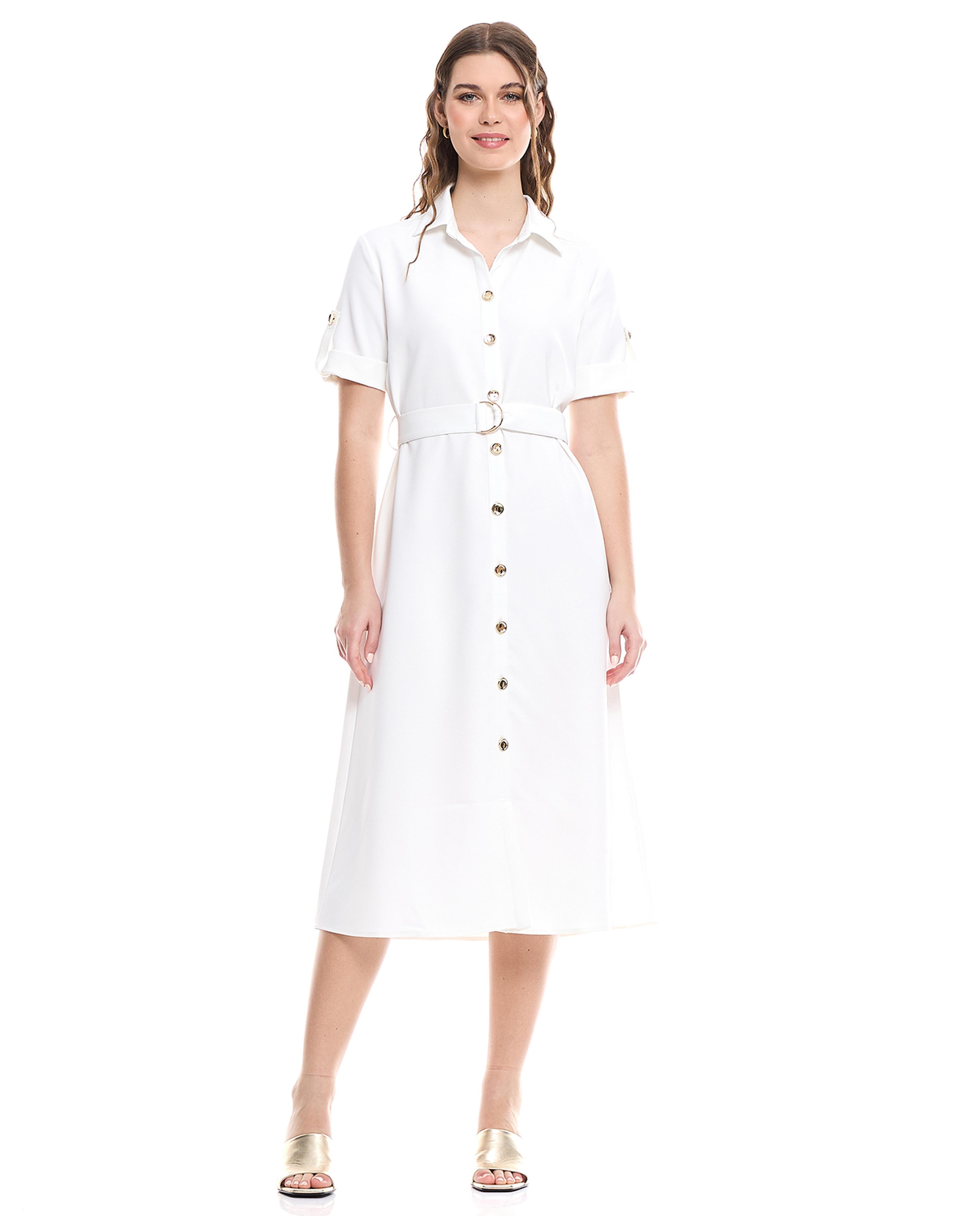 Solid Shirt Dress with Short Sleeves