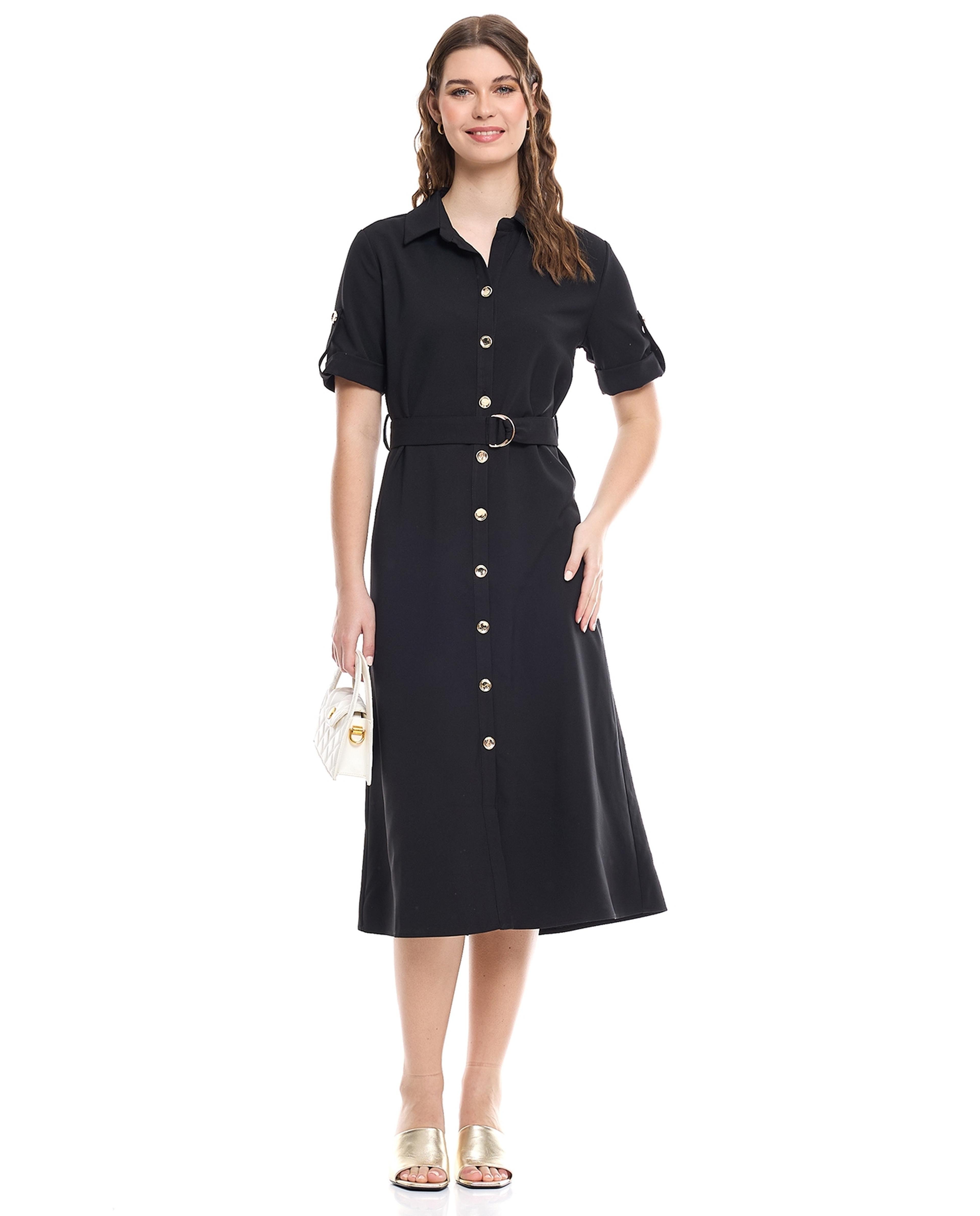 Solid Shirt Dress with Short Sleeves