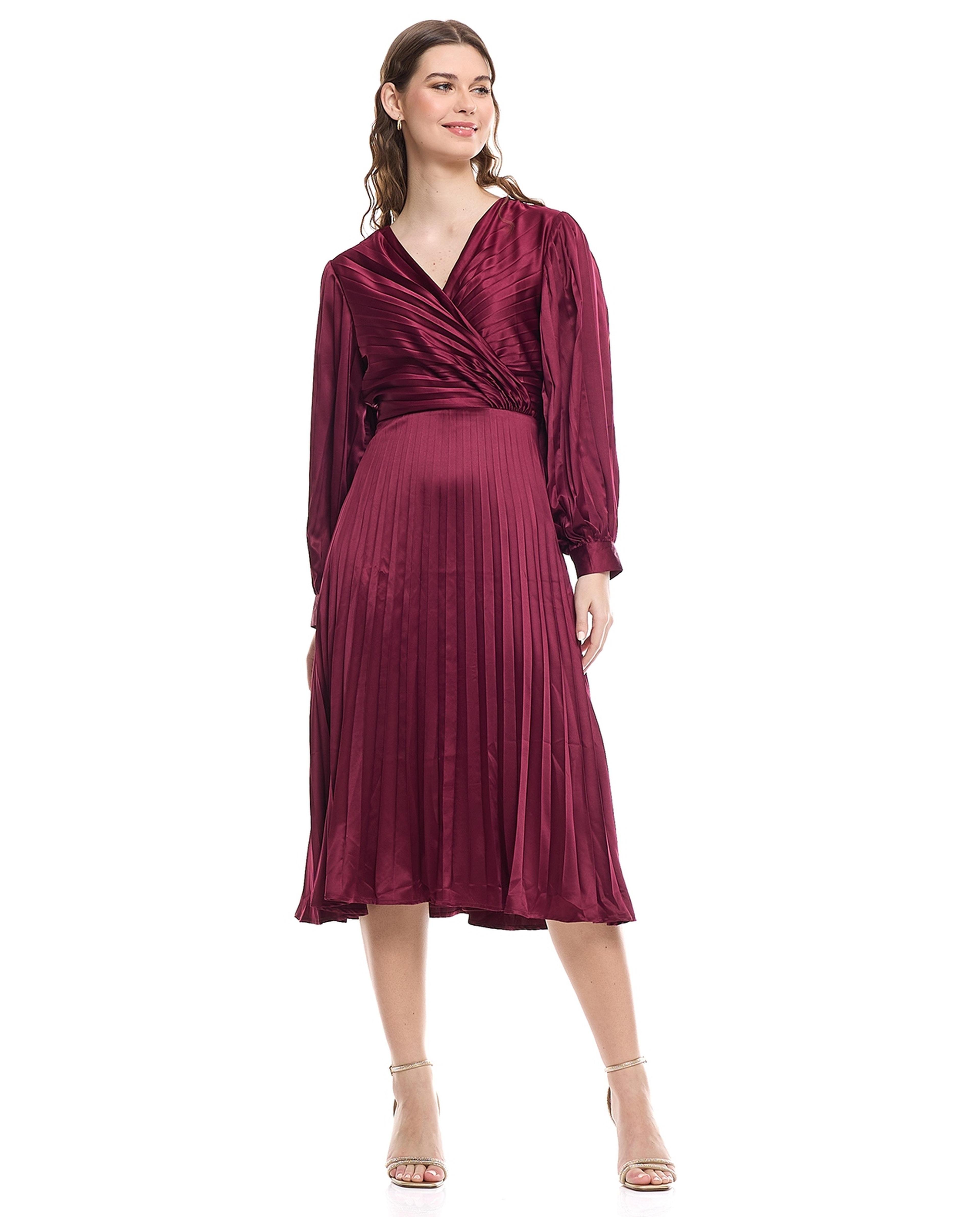 Pleated Flared Dress with V-Neck and Bishop Sleeves