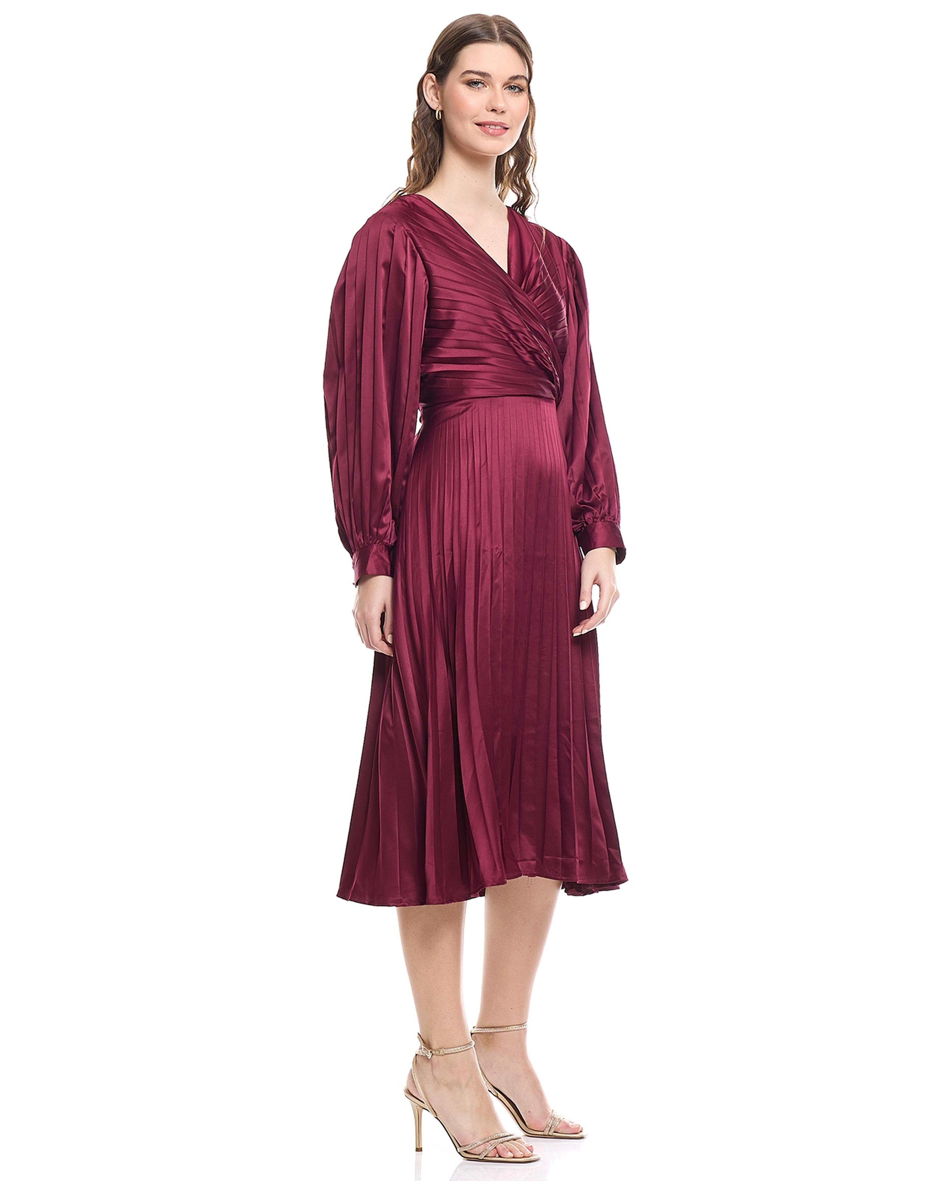Pleated Flared Dress with V-Neck and Bishop Sleeves
