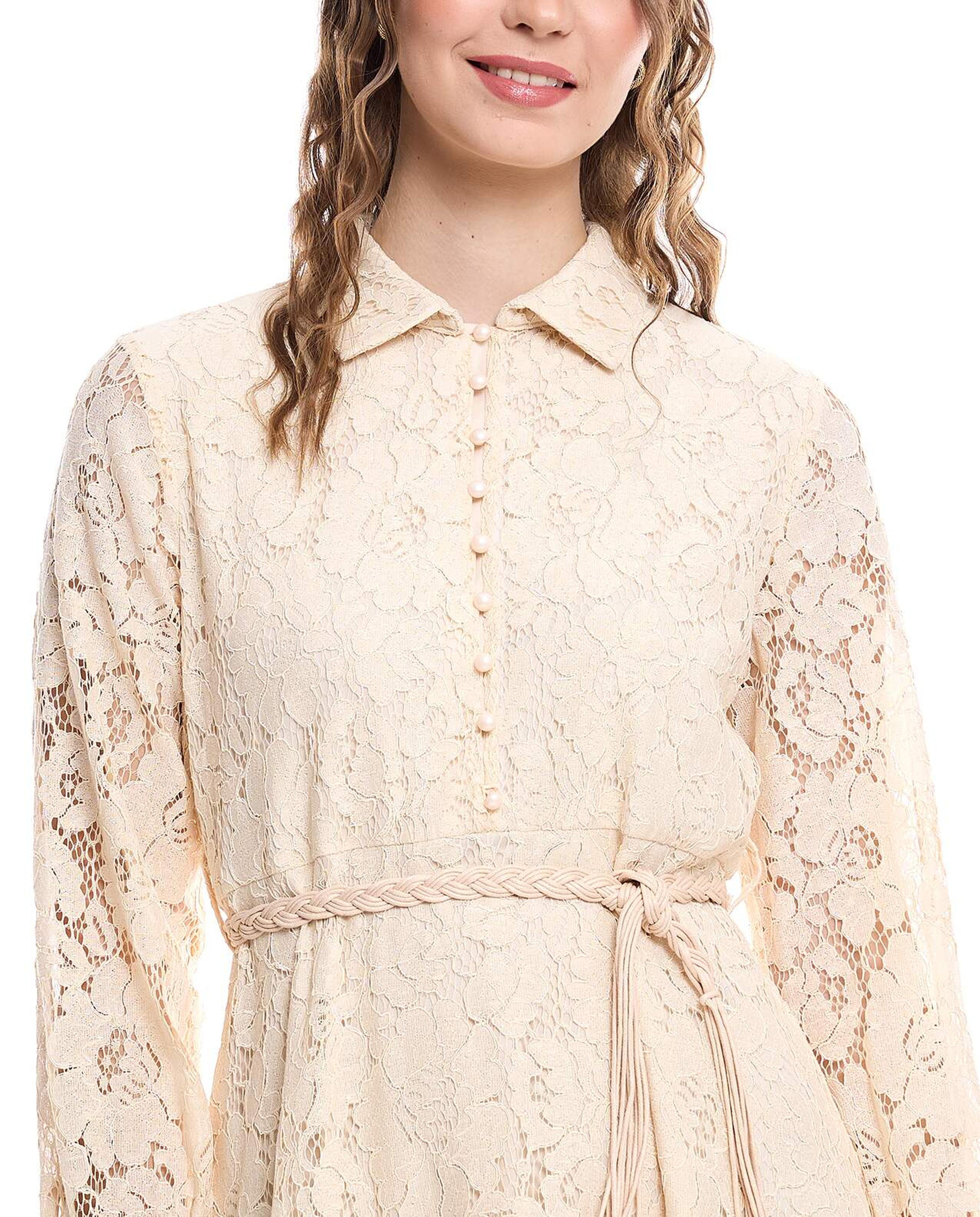 Lace Shirt Dress with Long Sleeves