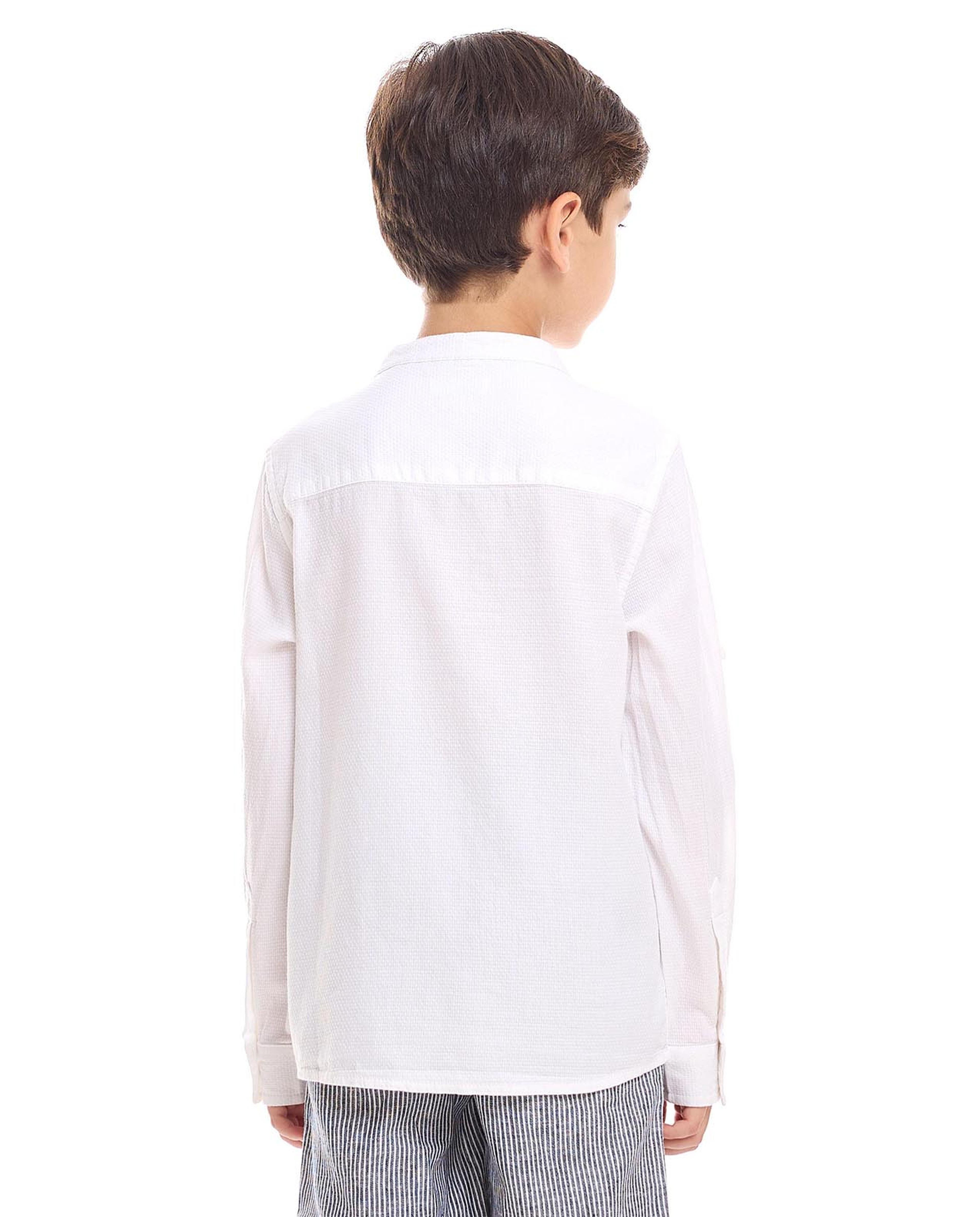 Textured Shirt with Mandarin Collar and Long Sleeves