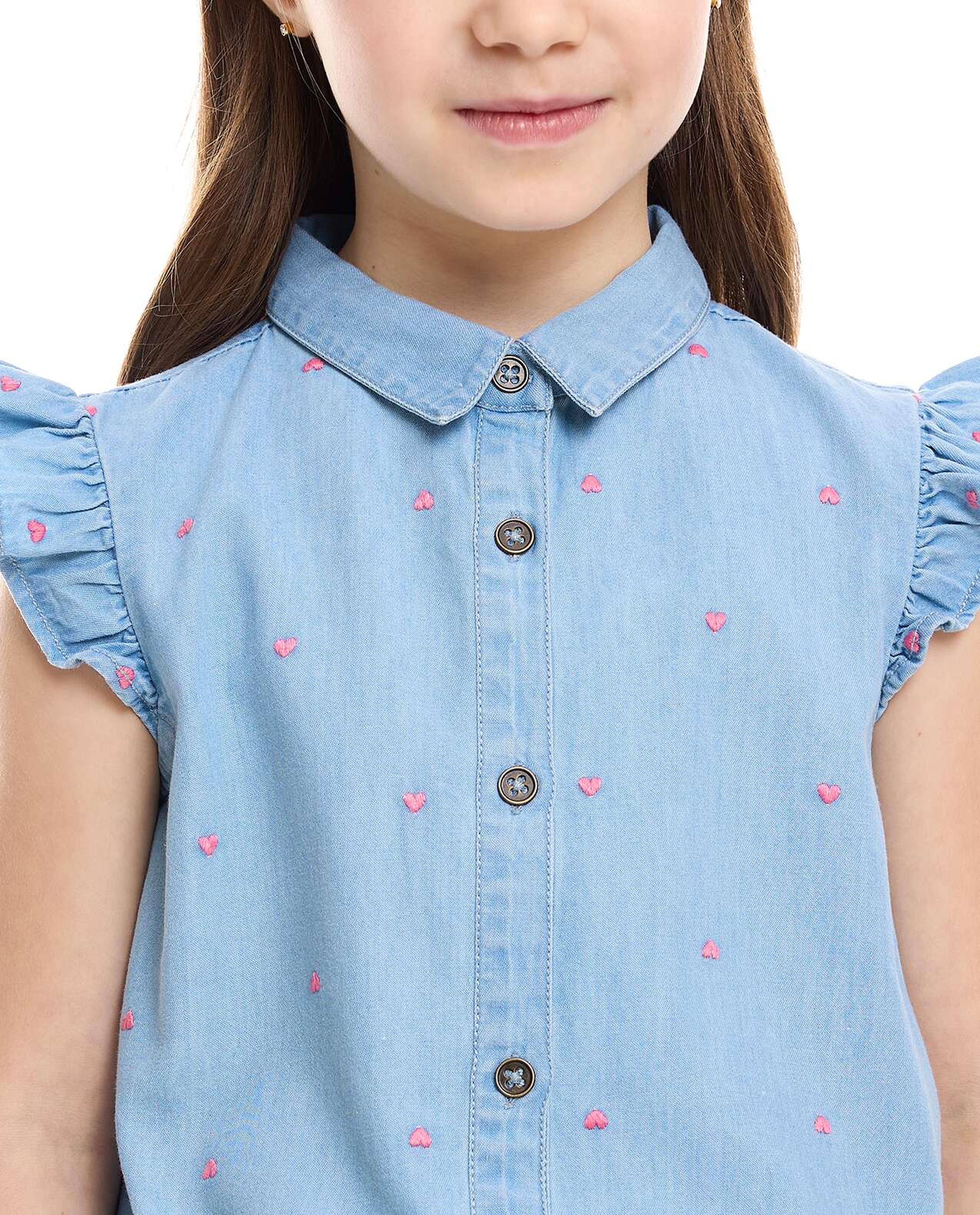 Embroidered Denim Top with Flutter Sleeves