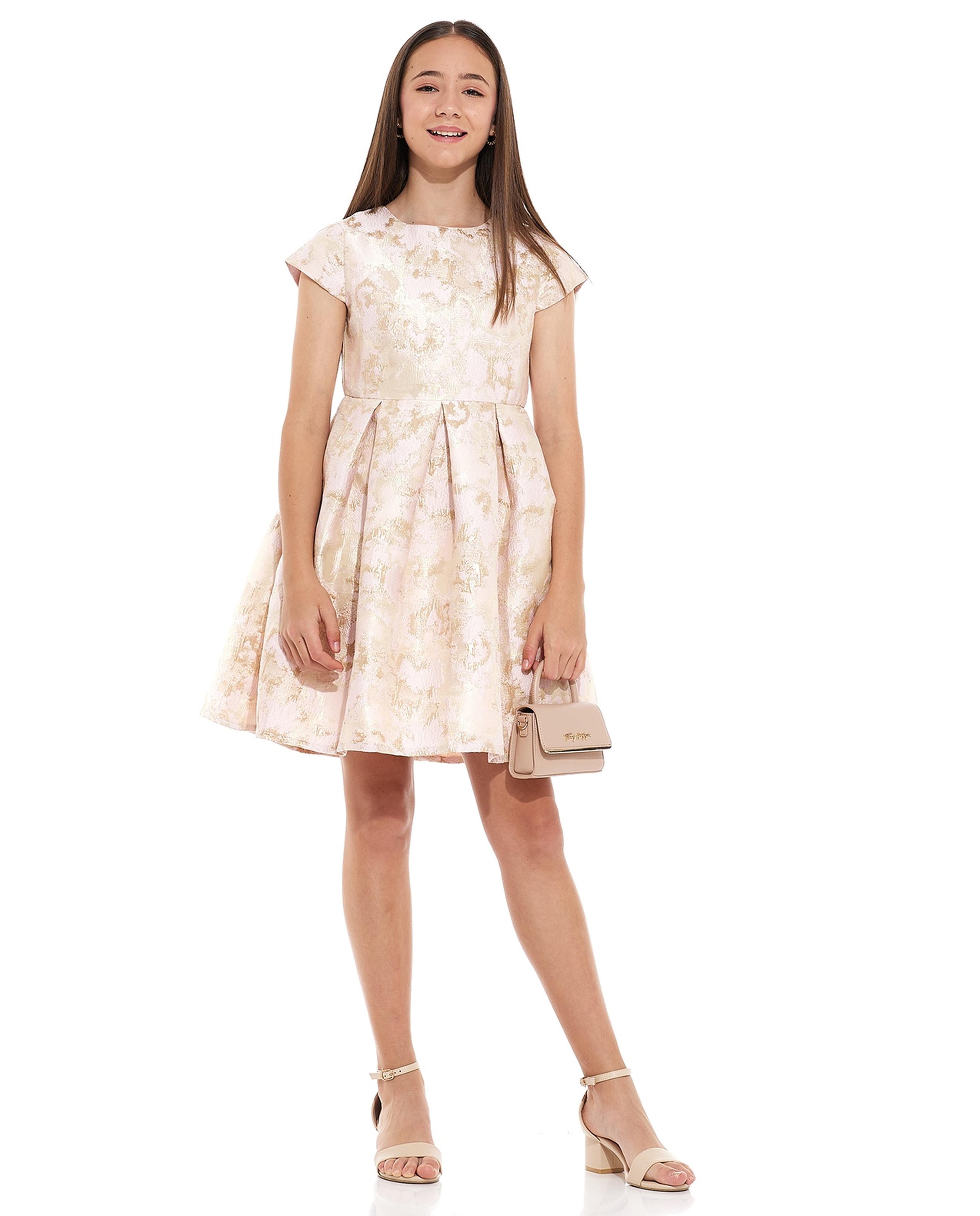 Jacquard Fit and Flare Dress with Crew Neck and Short Sleeves