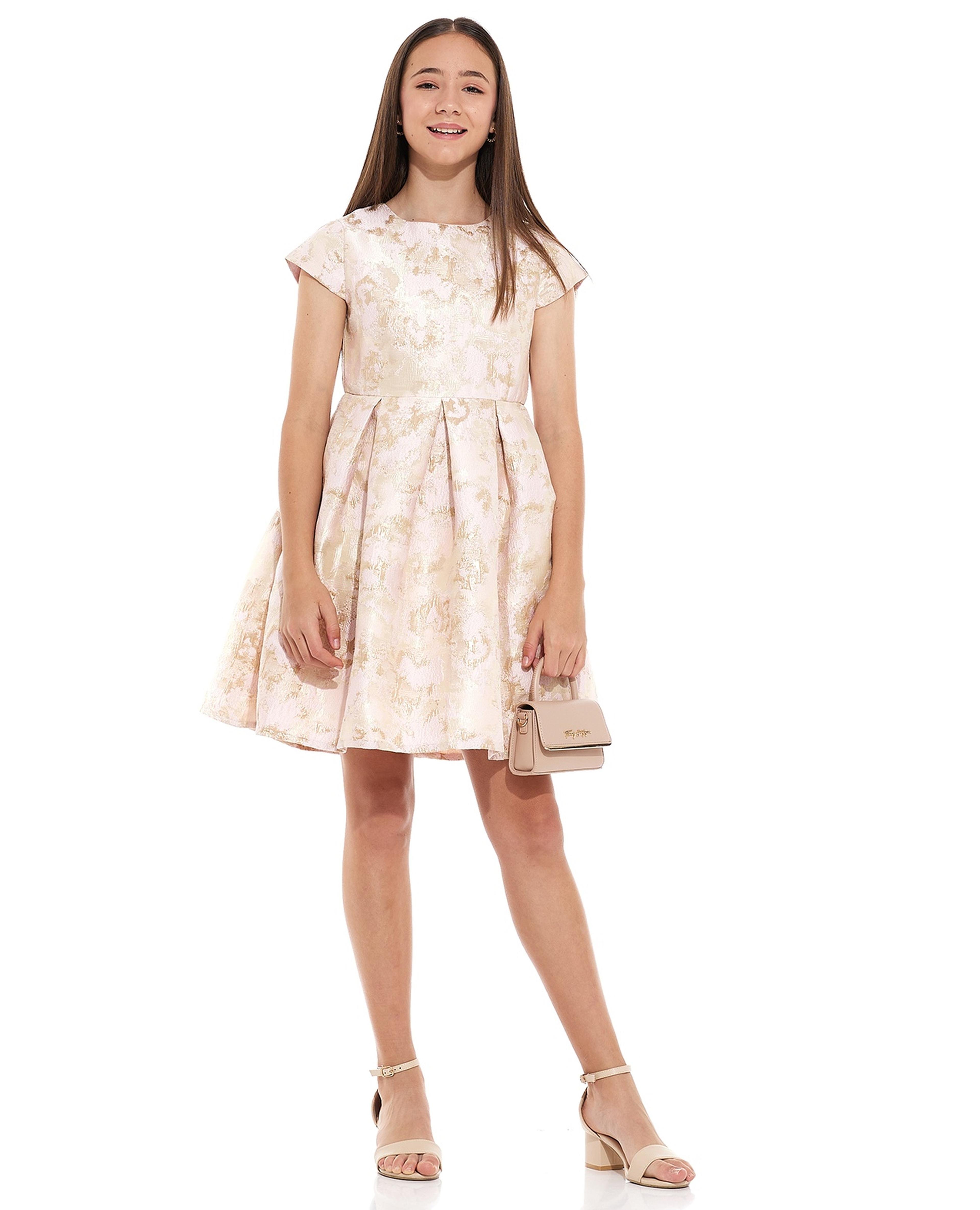 Jacquard Fit and Flare Dress with Crew Neck and Short Sleeves