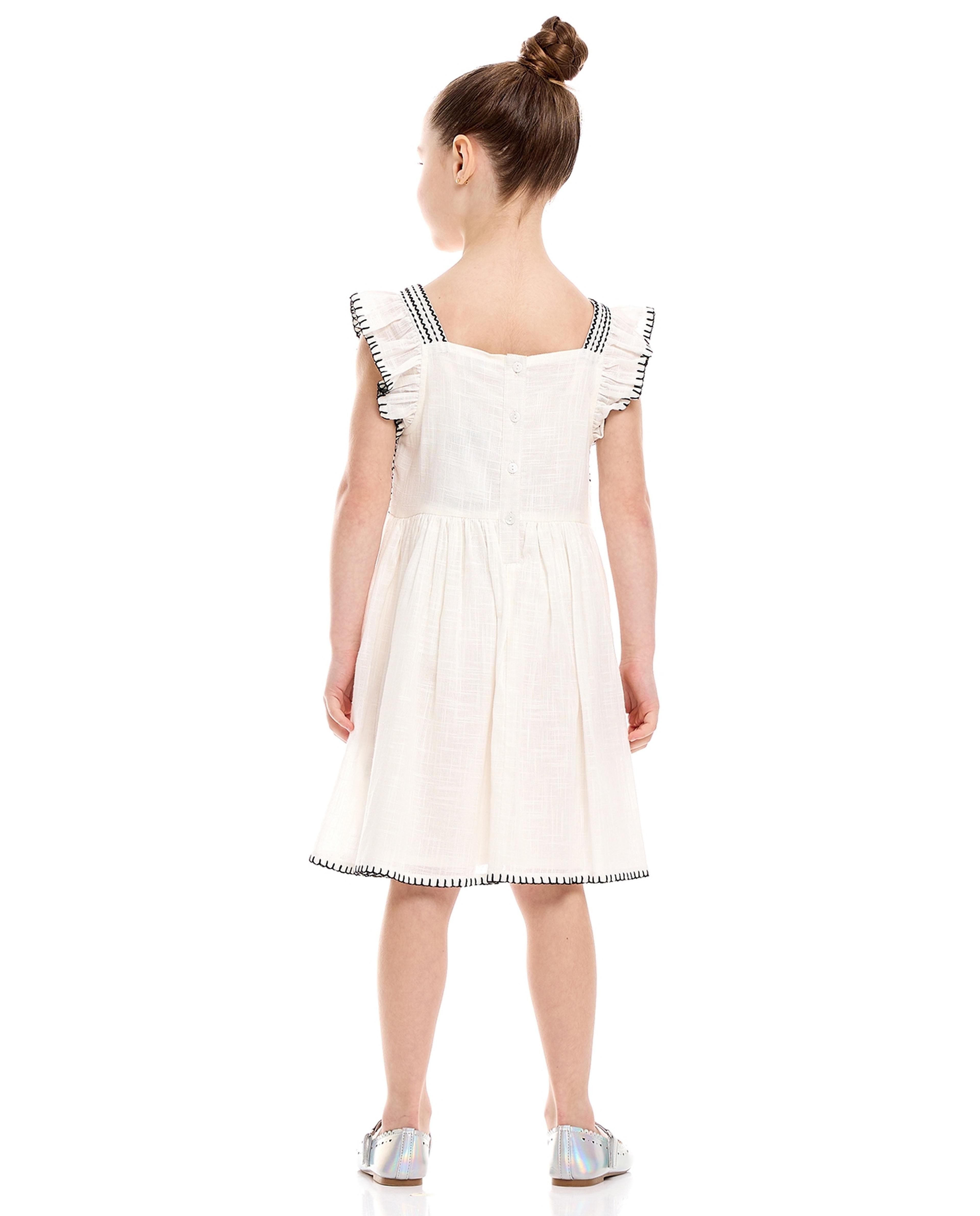 Embroidered Fit and Flare Dress with Square Neck and Flutter Sleeves