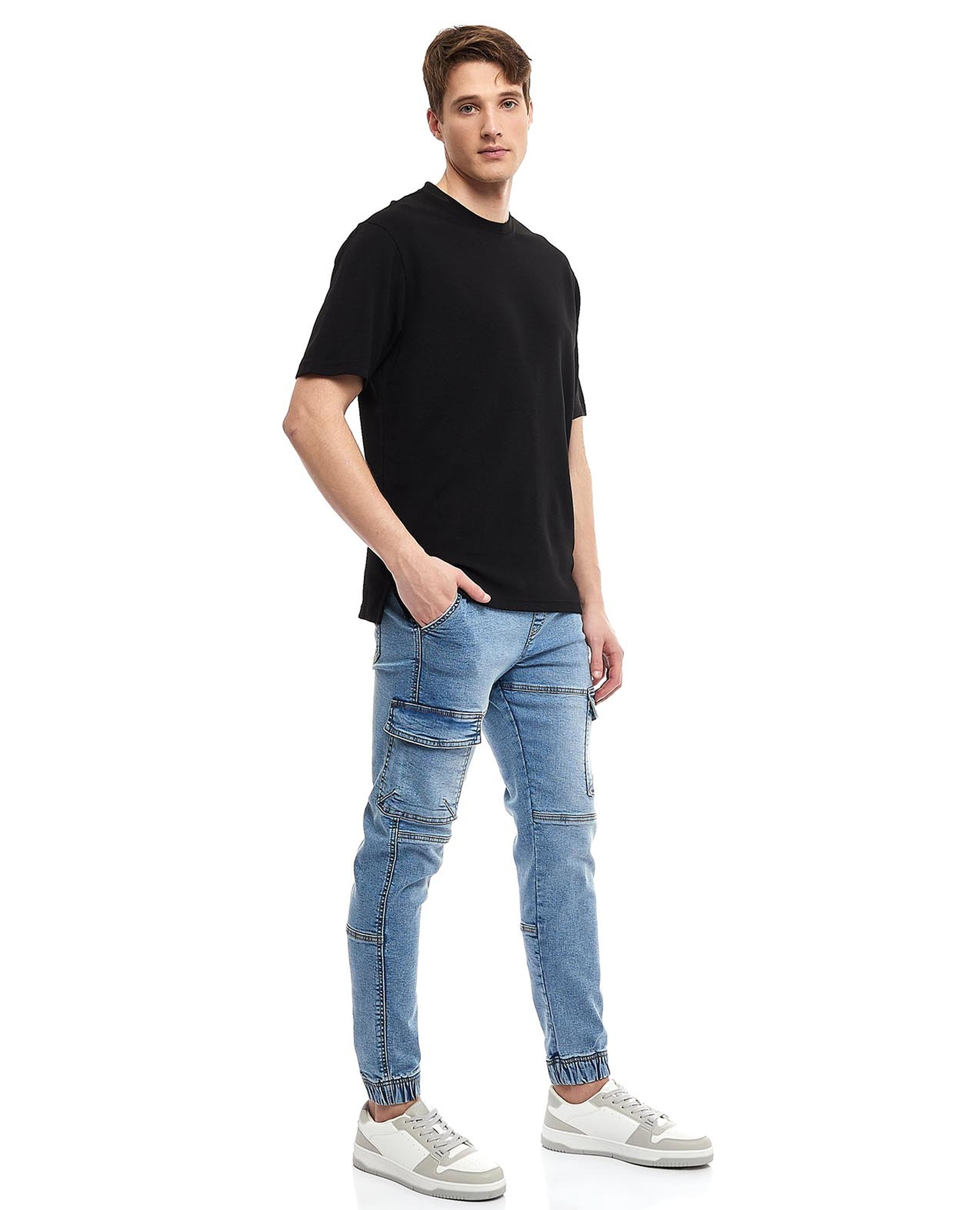Washed Cargo Jeans with Drawstring Waist