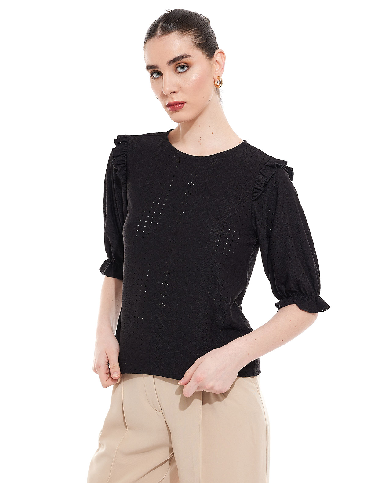 Schiffli Top with Crew Neck and Short Sleeves