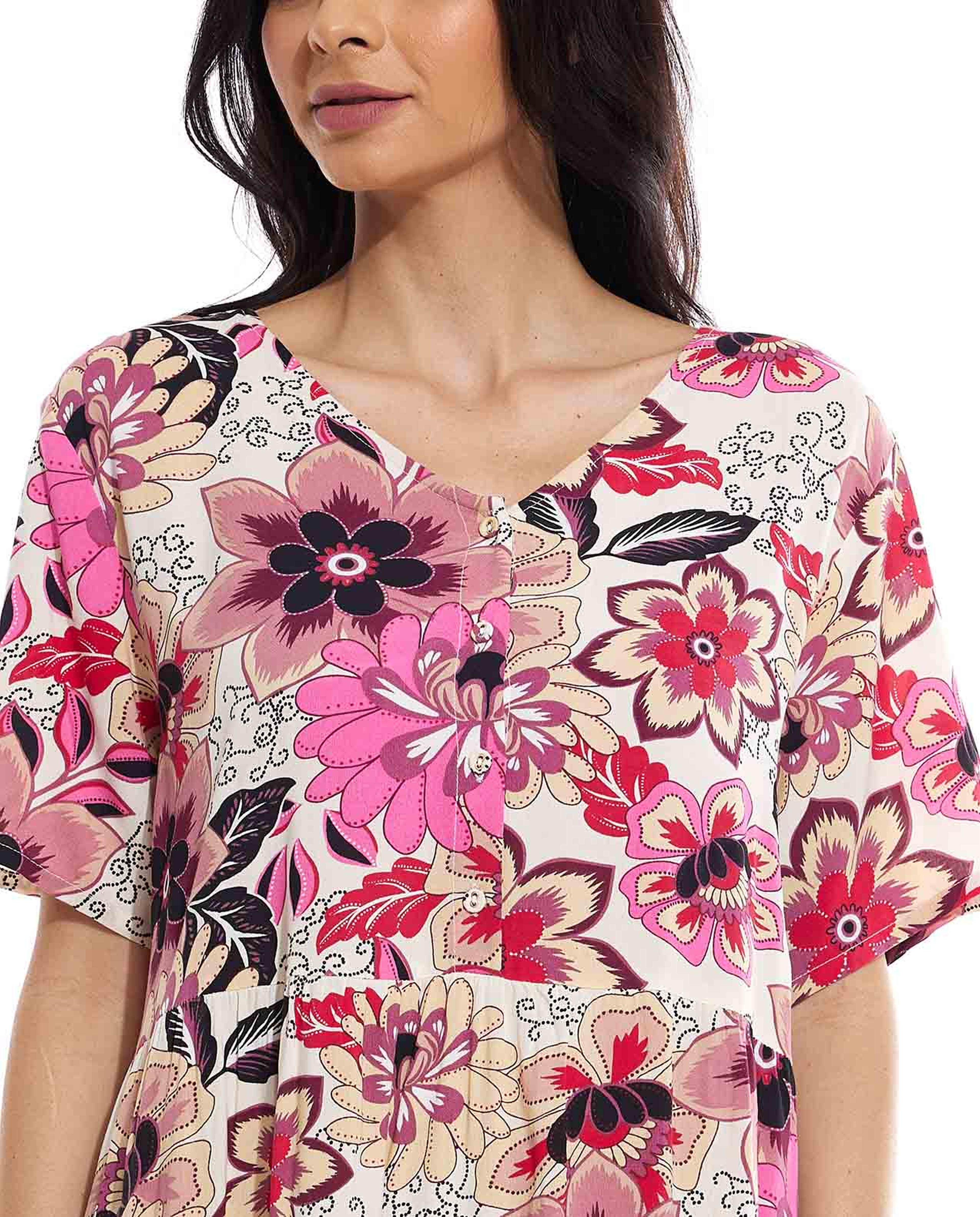 Floral Patterned Nightgown with V-Neck and Short Sleeves