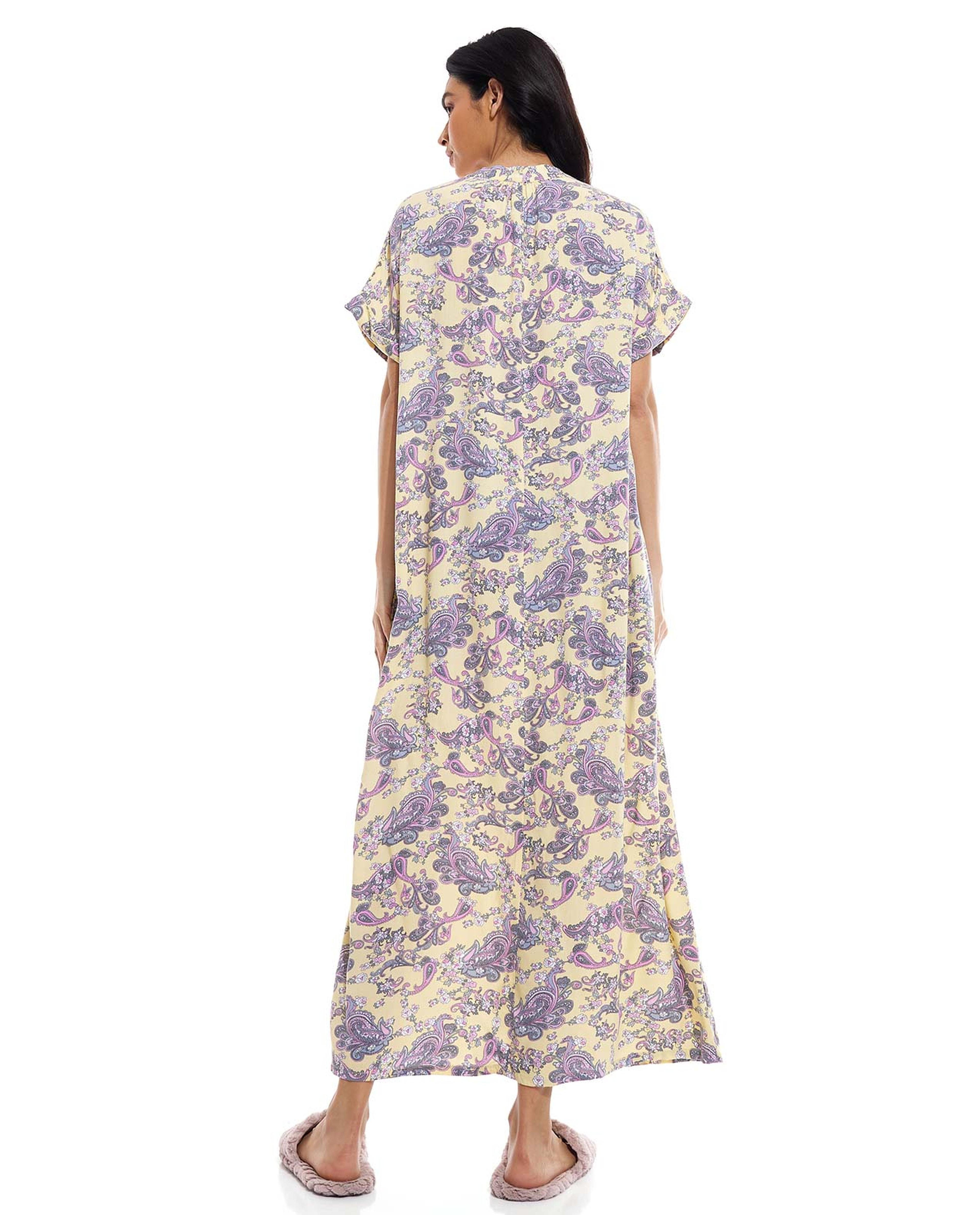 Paisley Print Nightgown with V-Neck and Short Sleeves