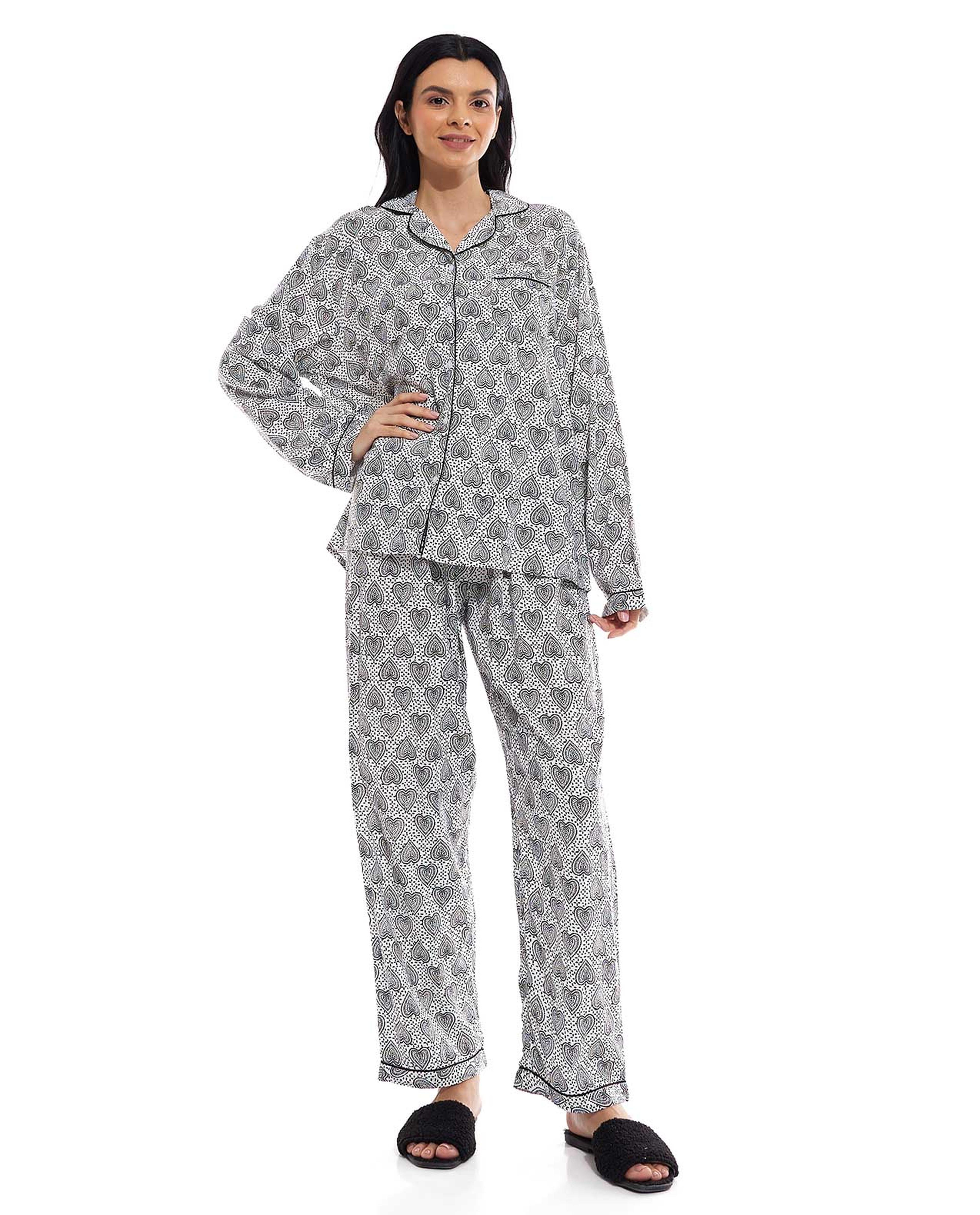 Patterned Lapel Collar Pyjama Set