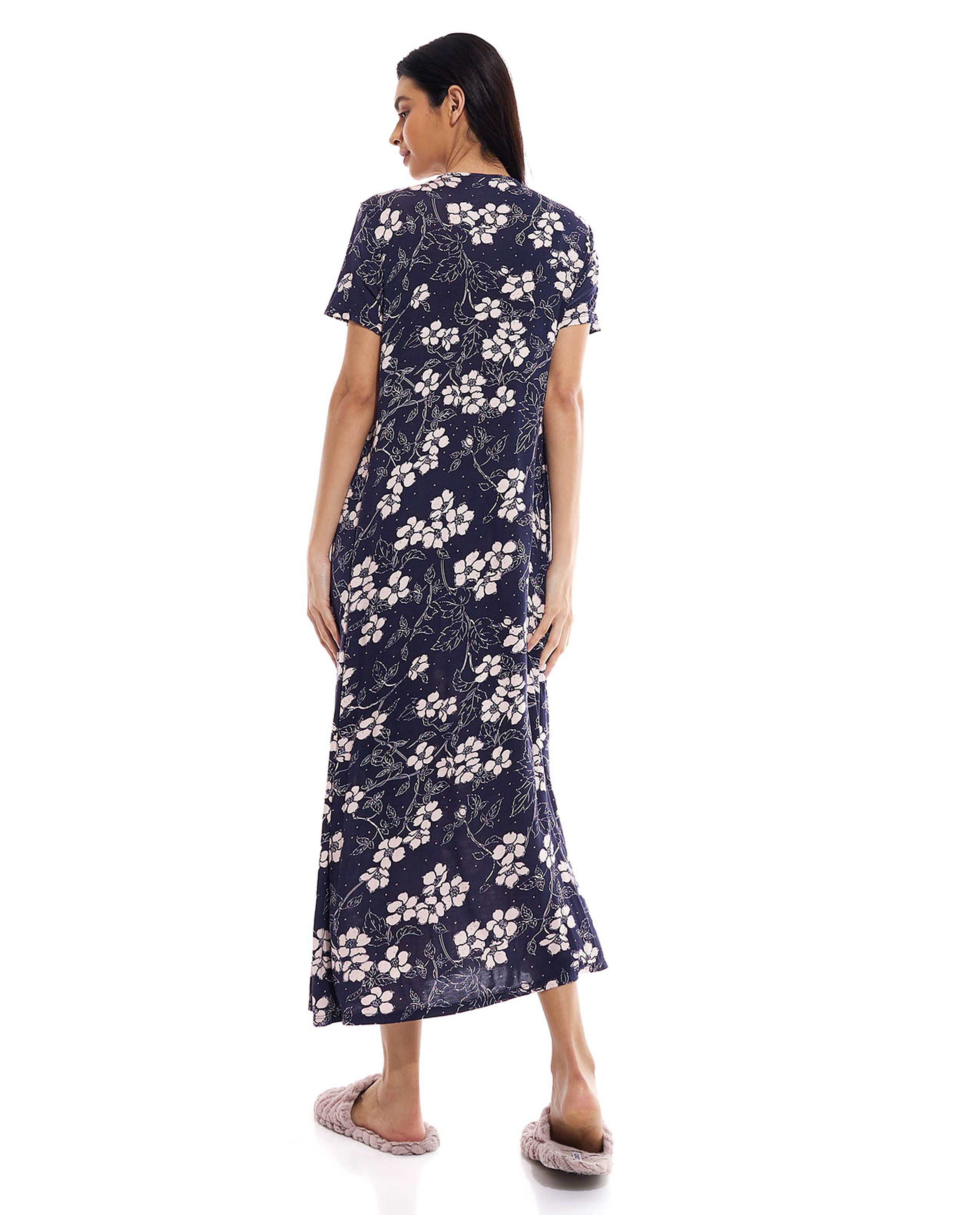 Floral Print Nightgown with V-Neck and Short Sleeves