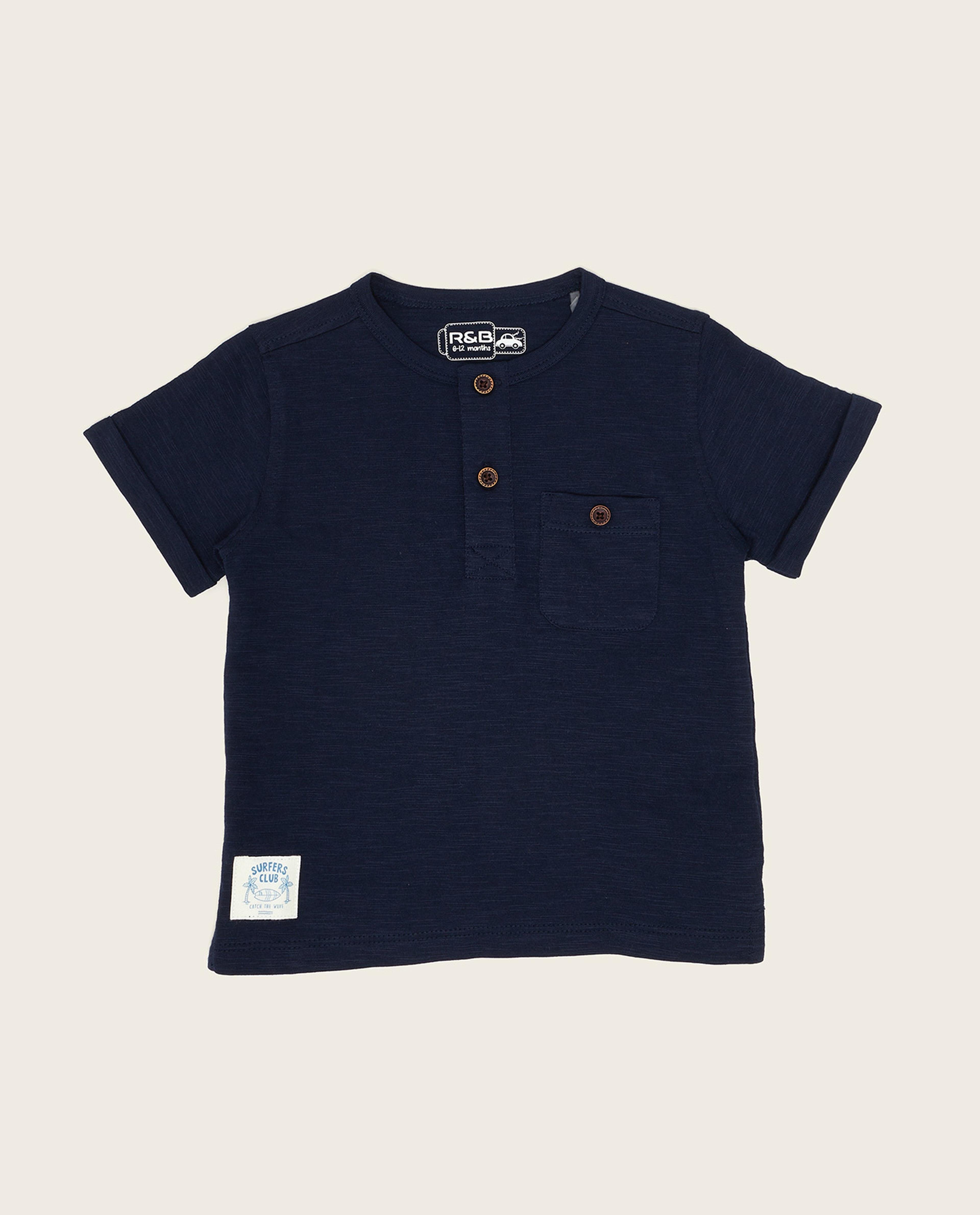 Solid T-Shirt with Henley Neck and Short Sleeves