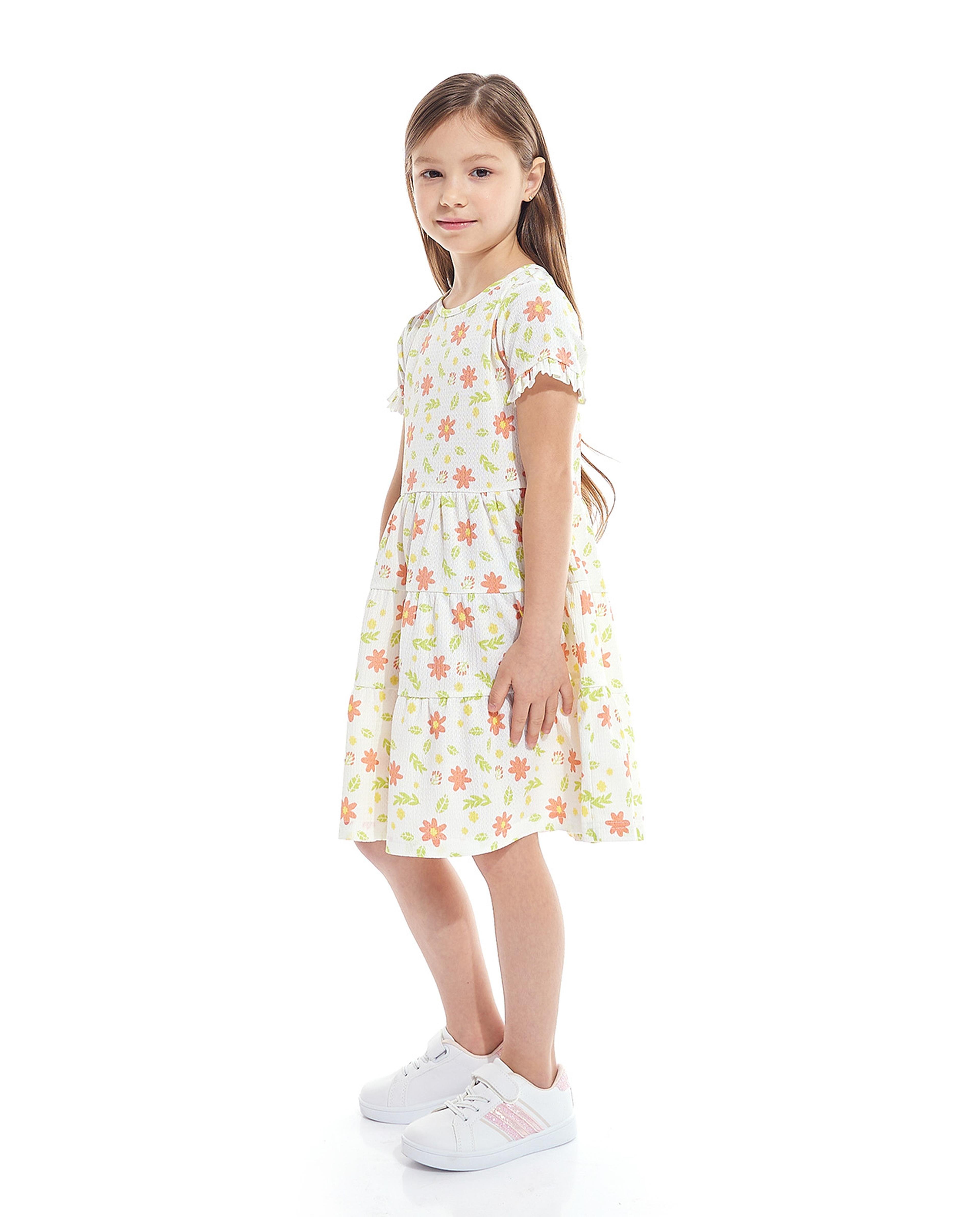 Floral Print Tiered Dress with Crew Neck and Short Sleeves