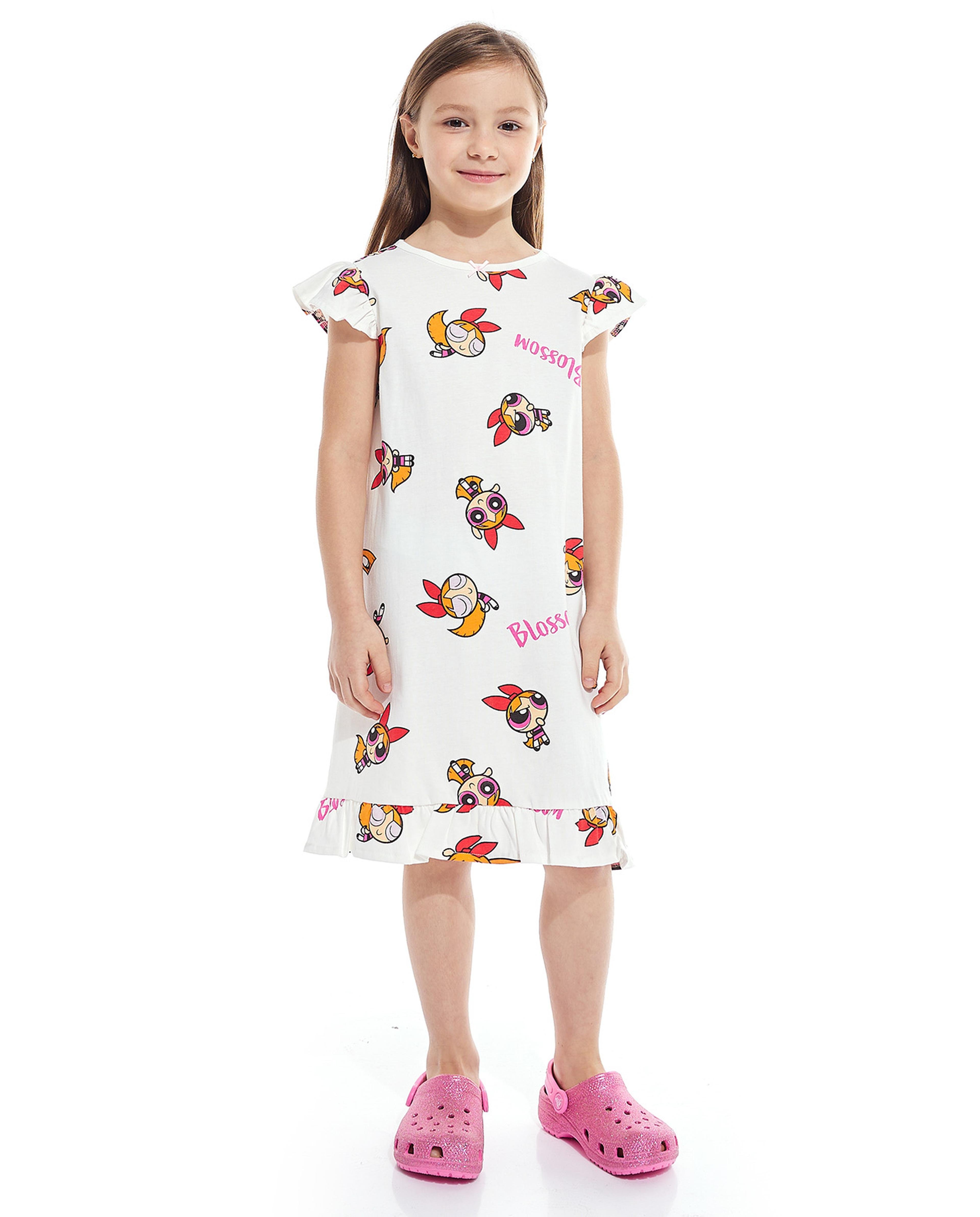 Printed Nightdress with Flutter Sleeves