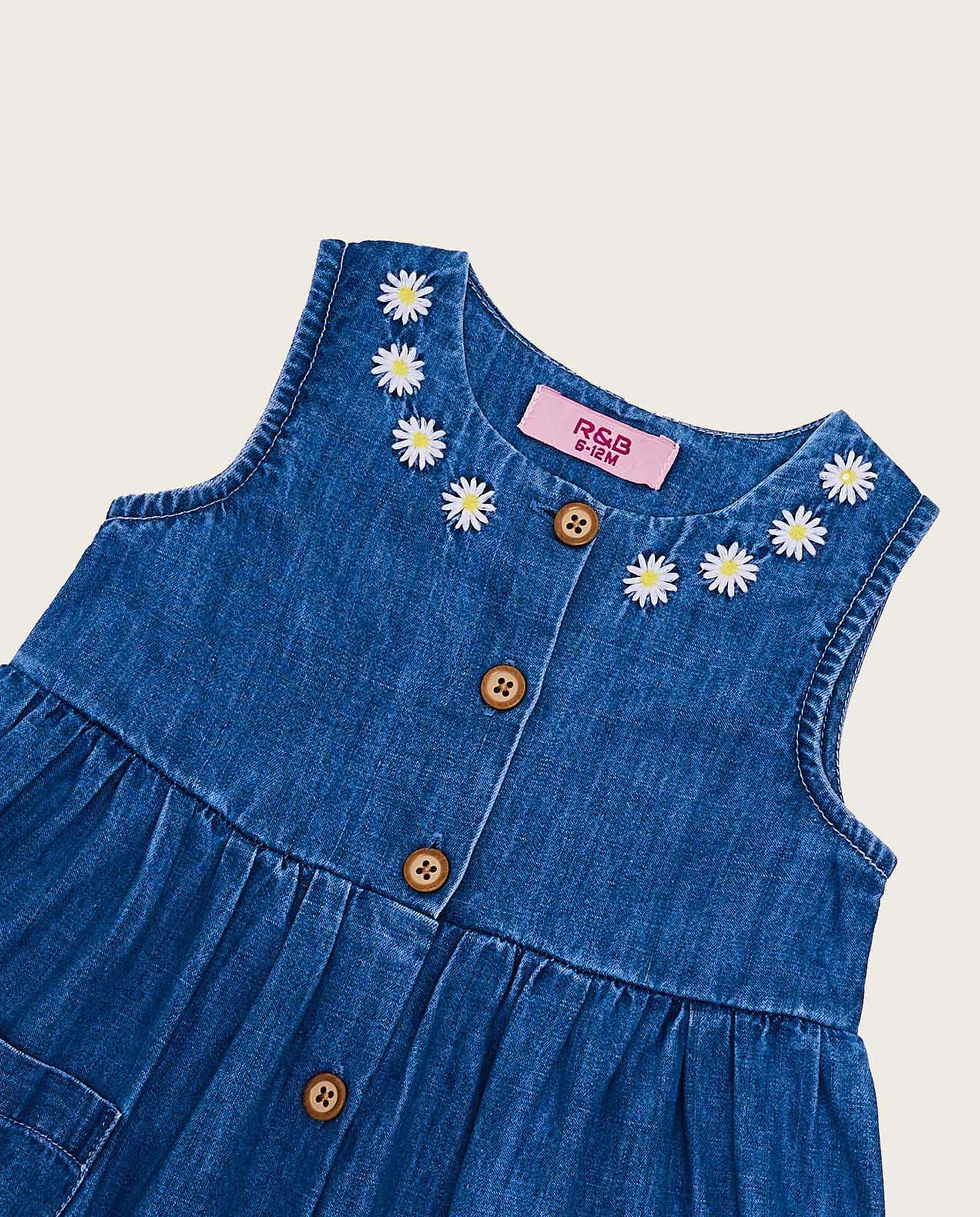 Embroidered Sleeveless Fit and Flare Denim Dress