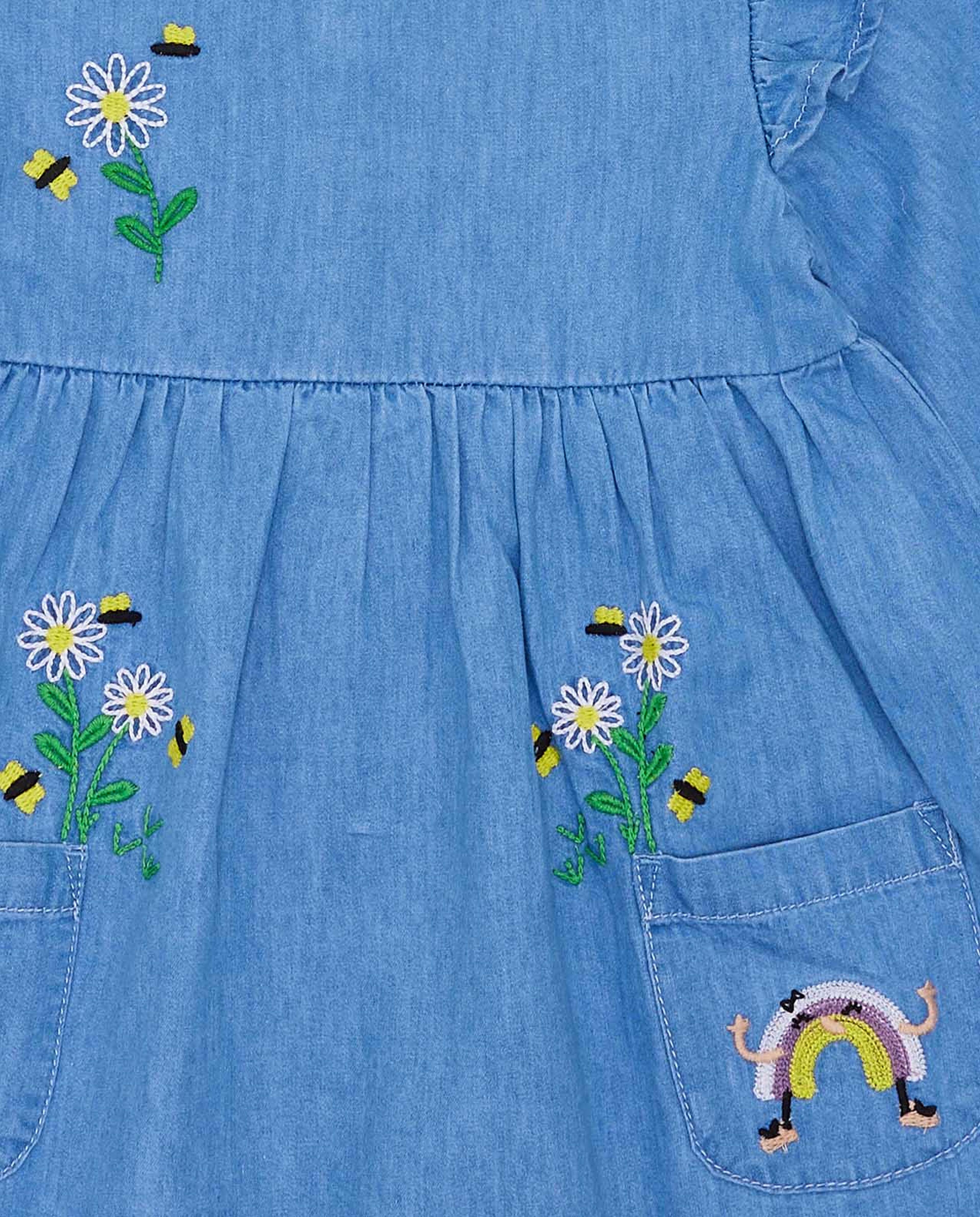 Embroidered Fit and Flare Denim Dress with Long Sleeves