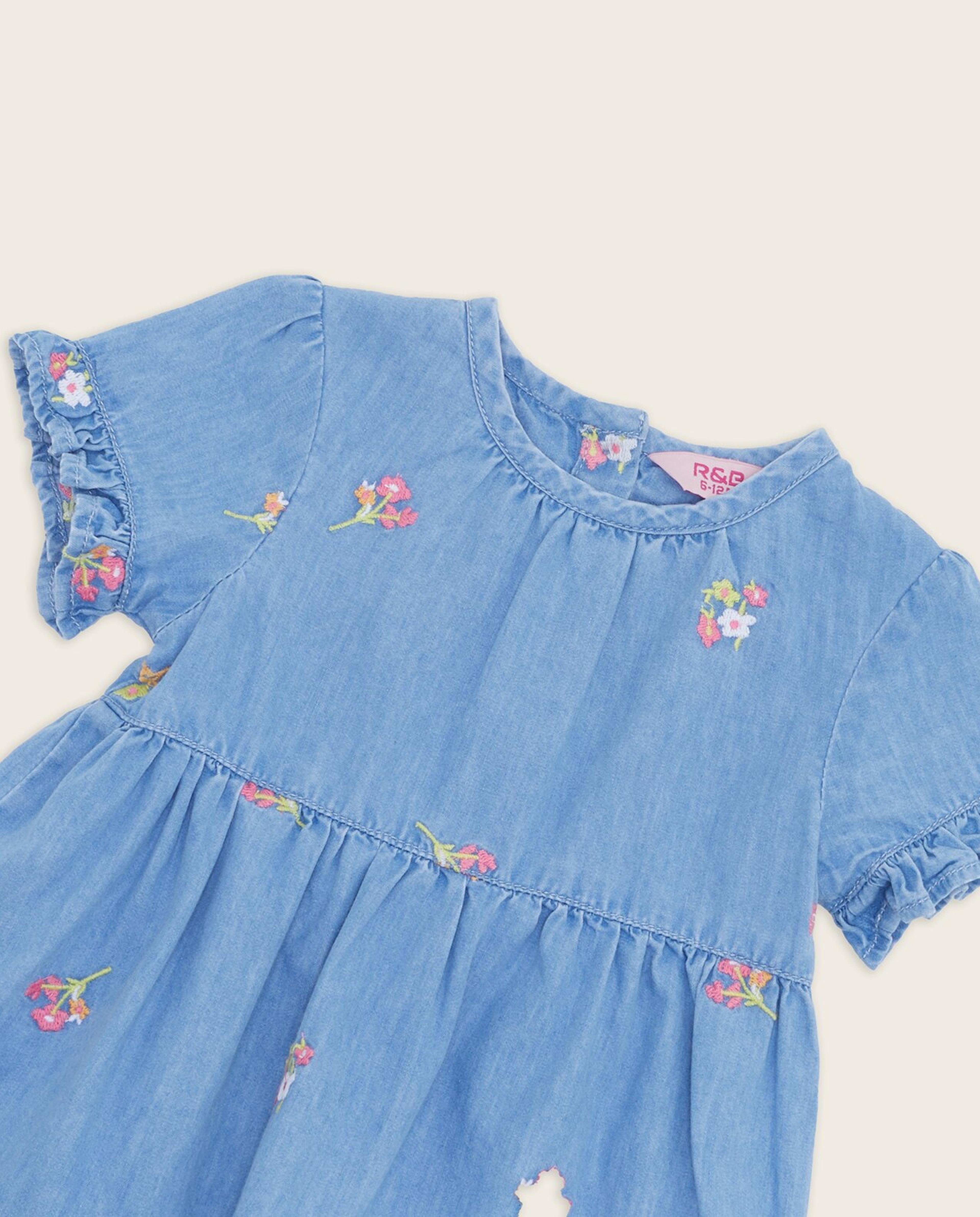 Embroidered Tiered Denim Dress with Short Sleeves