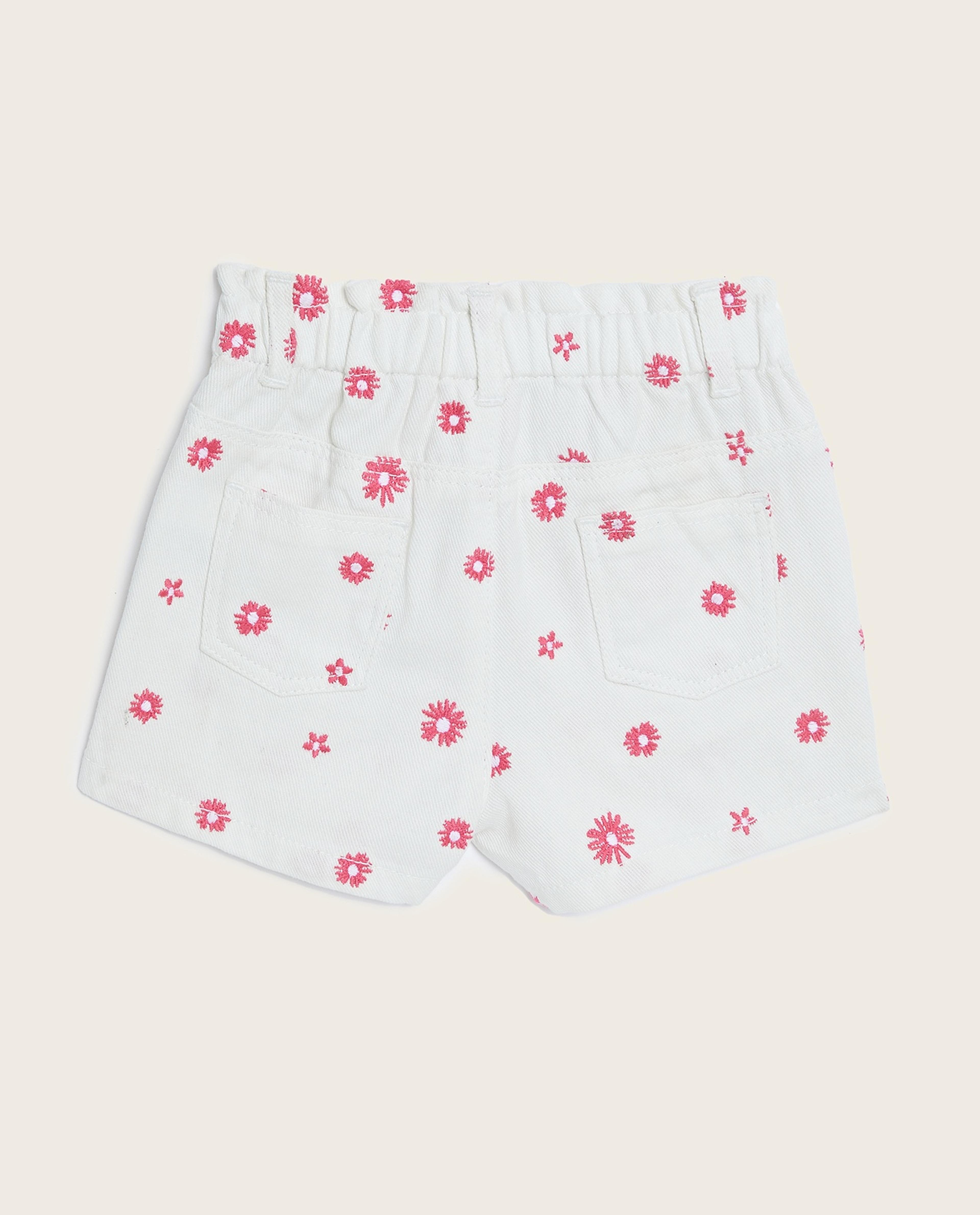 Embroidered Denim Shorts with Button Closure