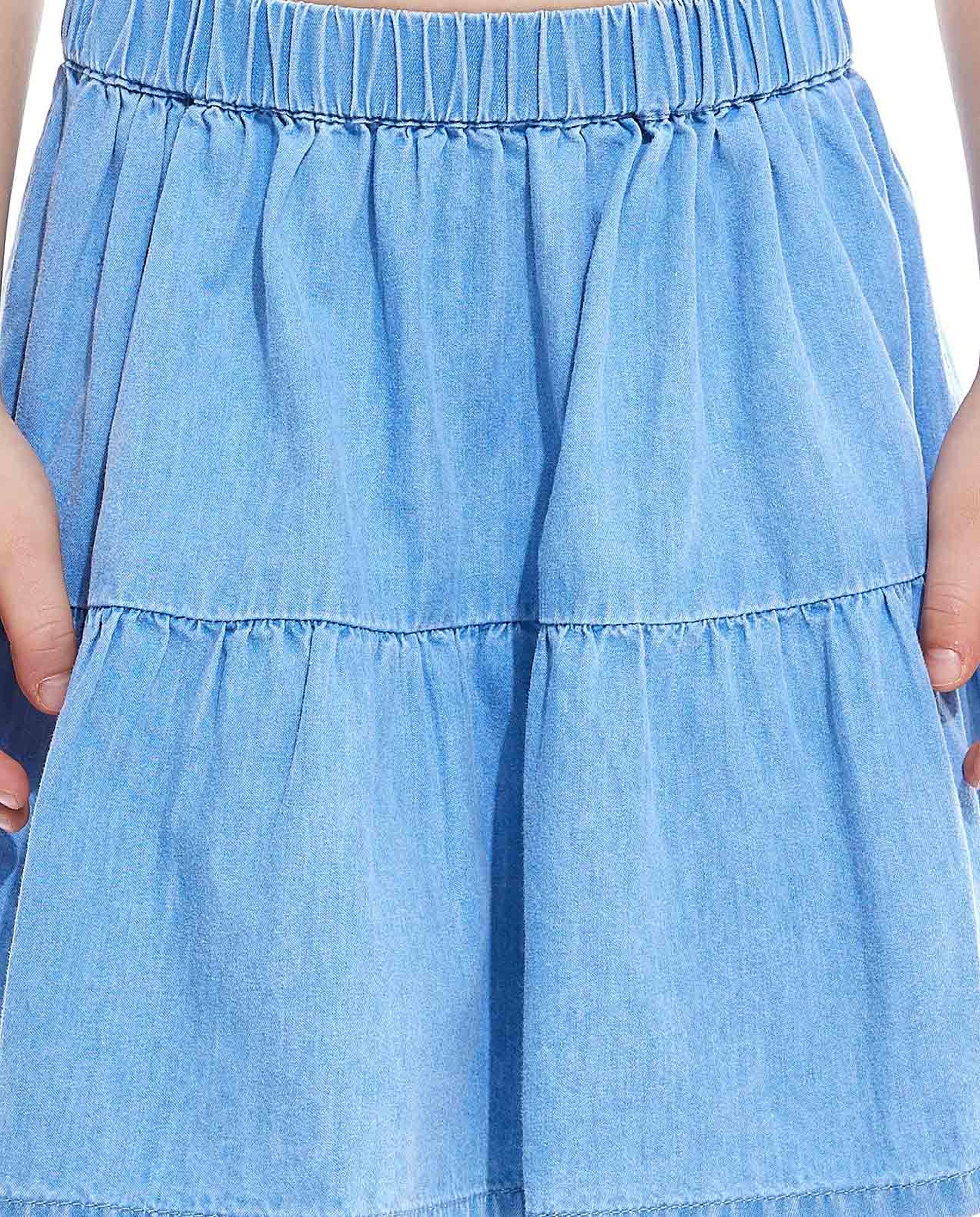 Washed Tiered Skirt with Elastic Wasit
