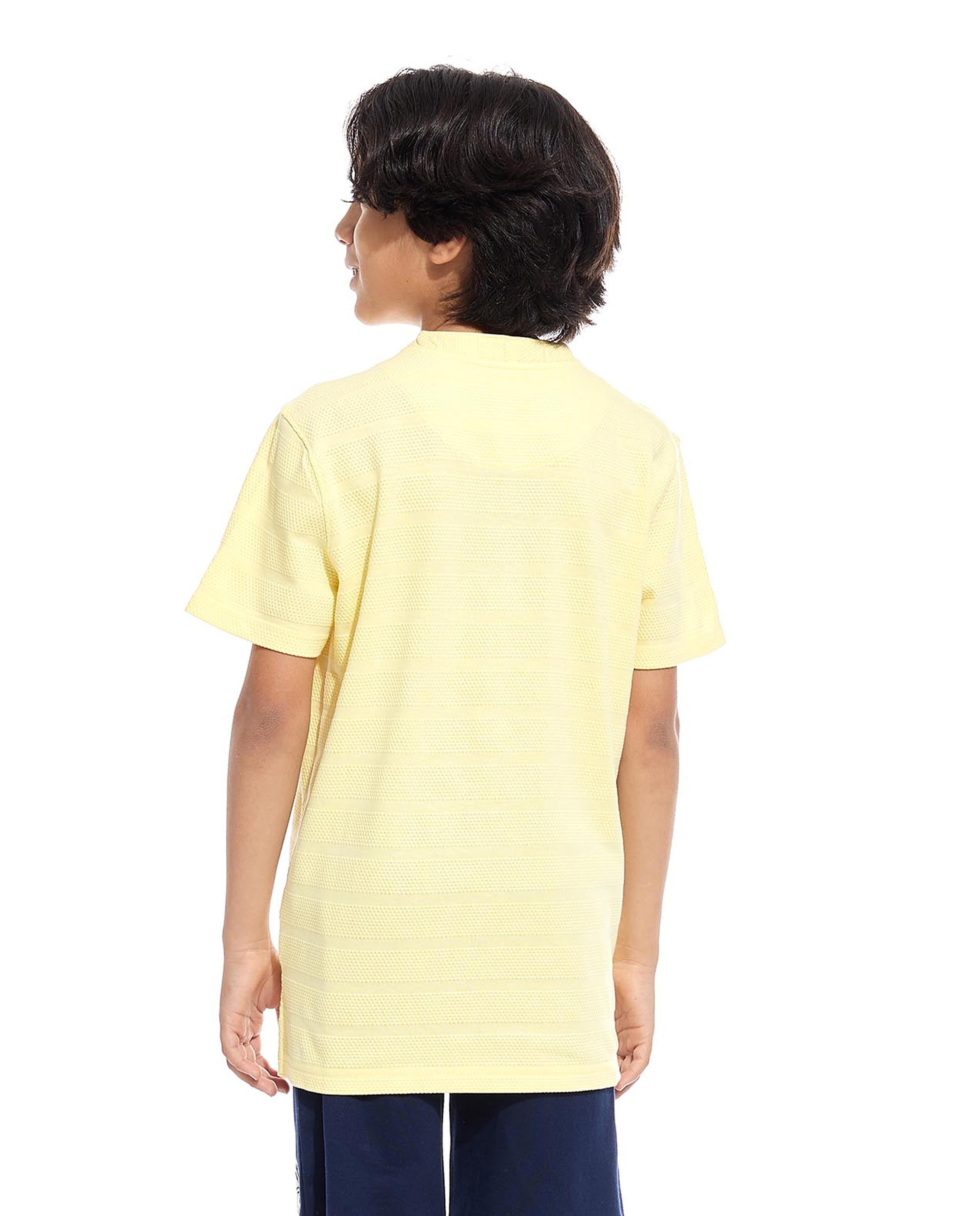 Textured T-Shirt with Mandarin Collar and Short Sleeves