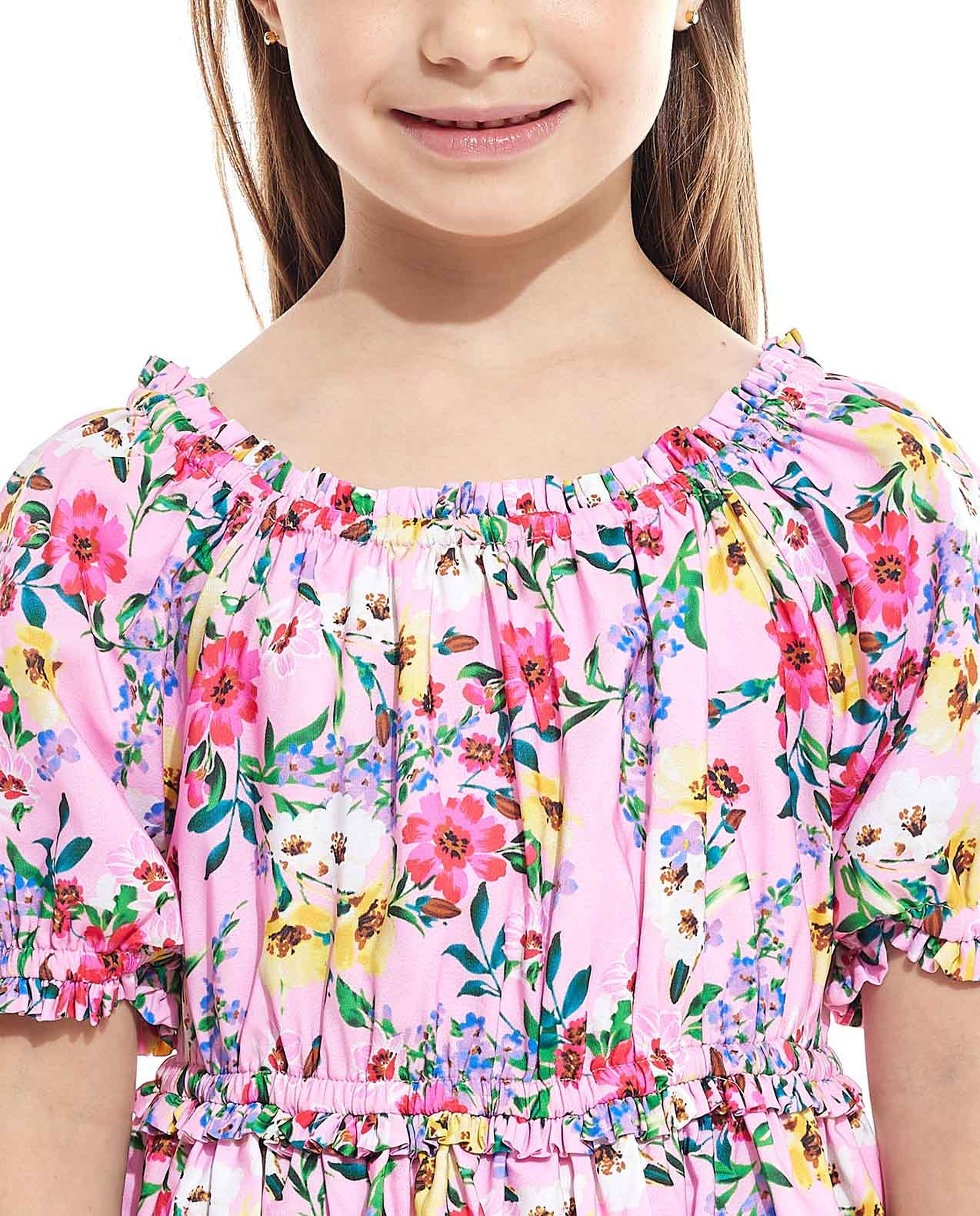 Floral Print Tiered Dress with Round Neck and Puff Sleeves