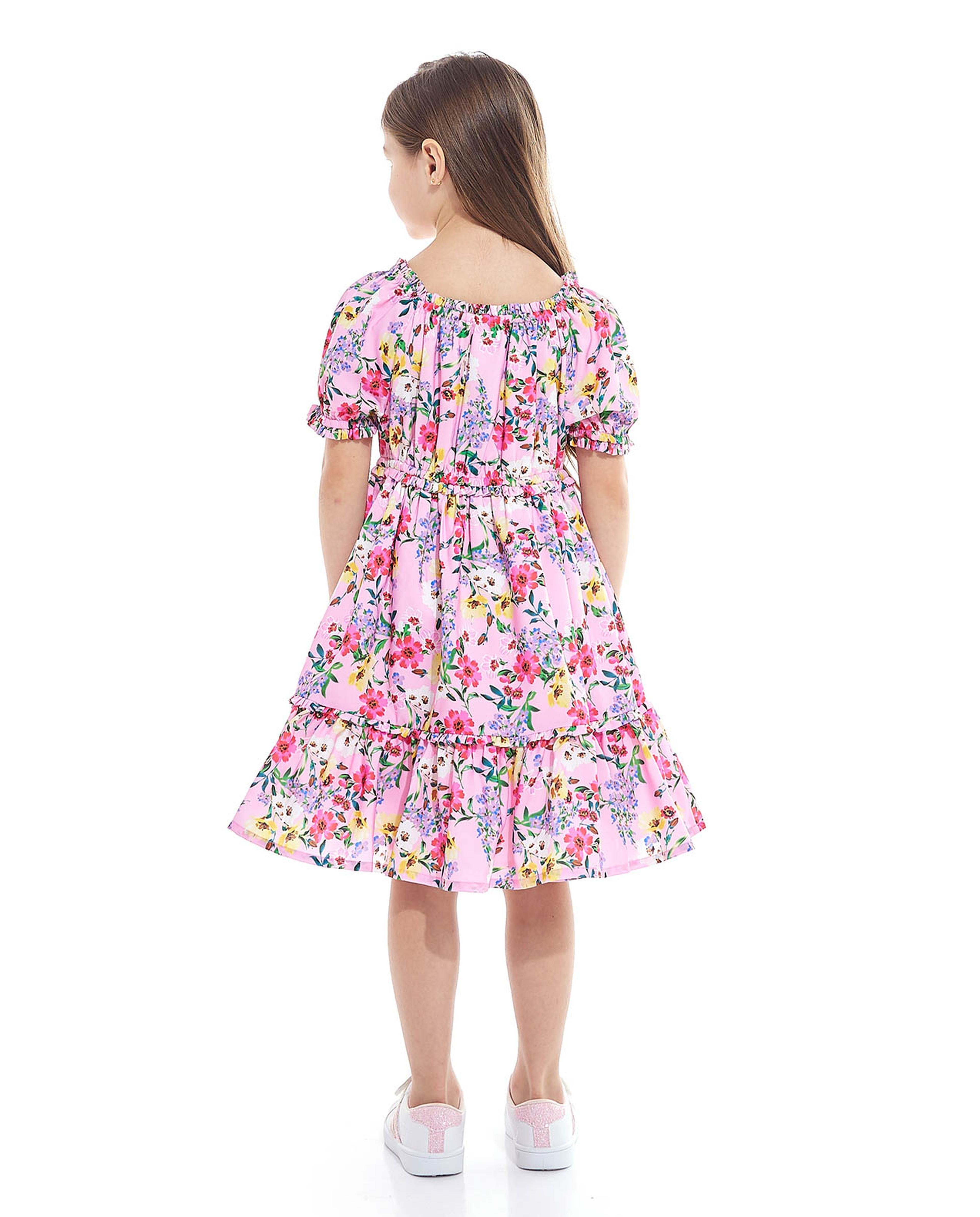 Floral Print Tiered Dress with Round Neck and Puff Sleeves