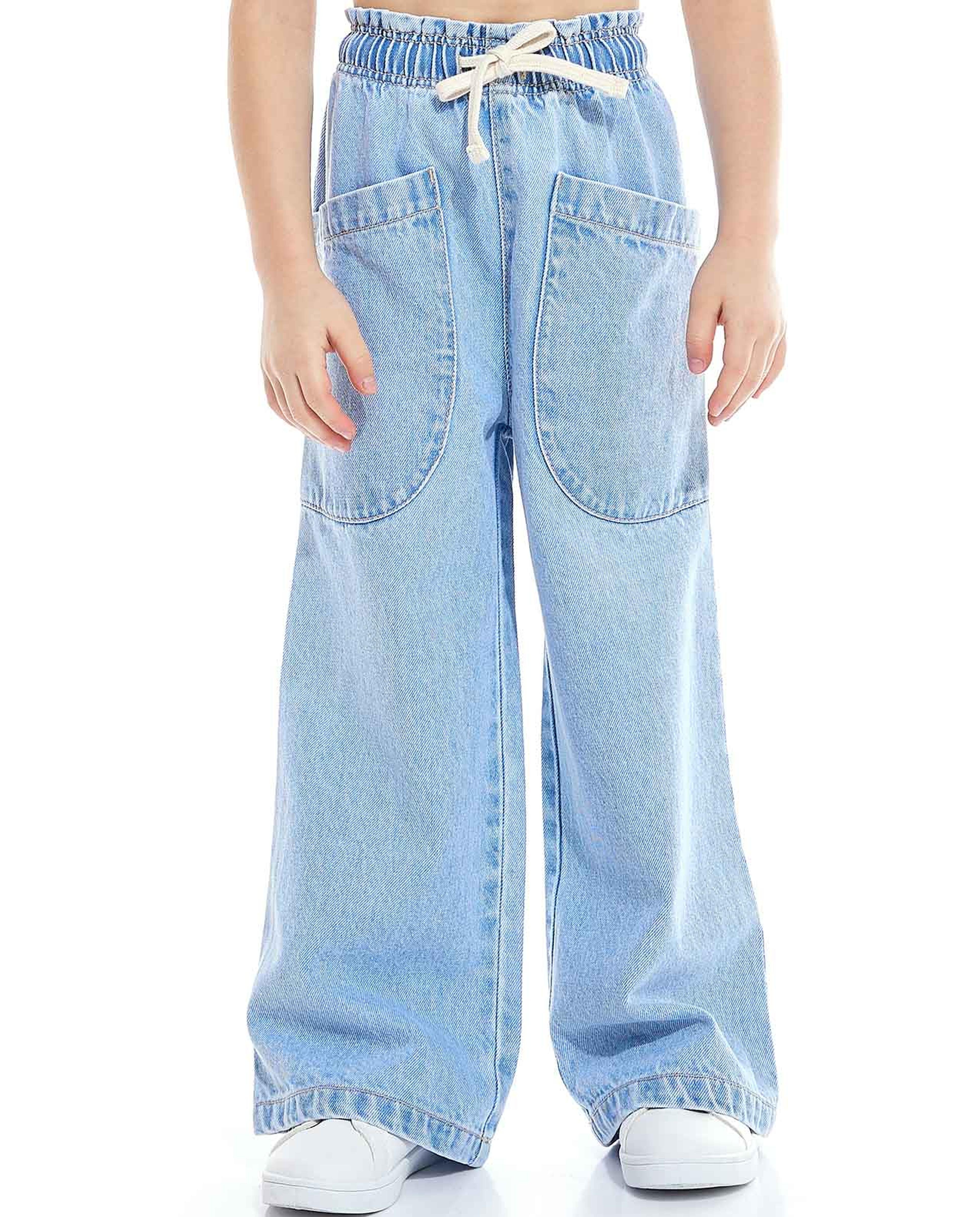 Faded Wide Leg Jeans with Drawstring Waist