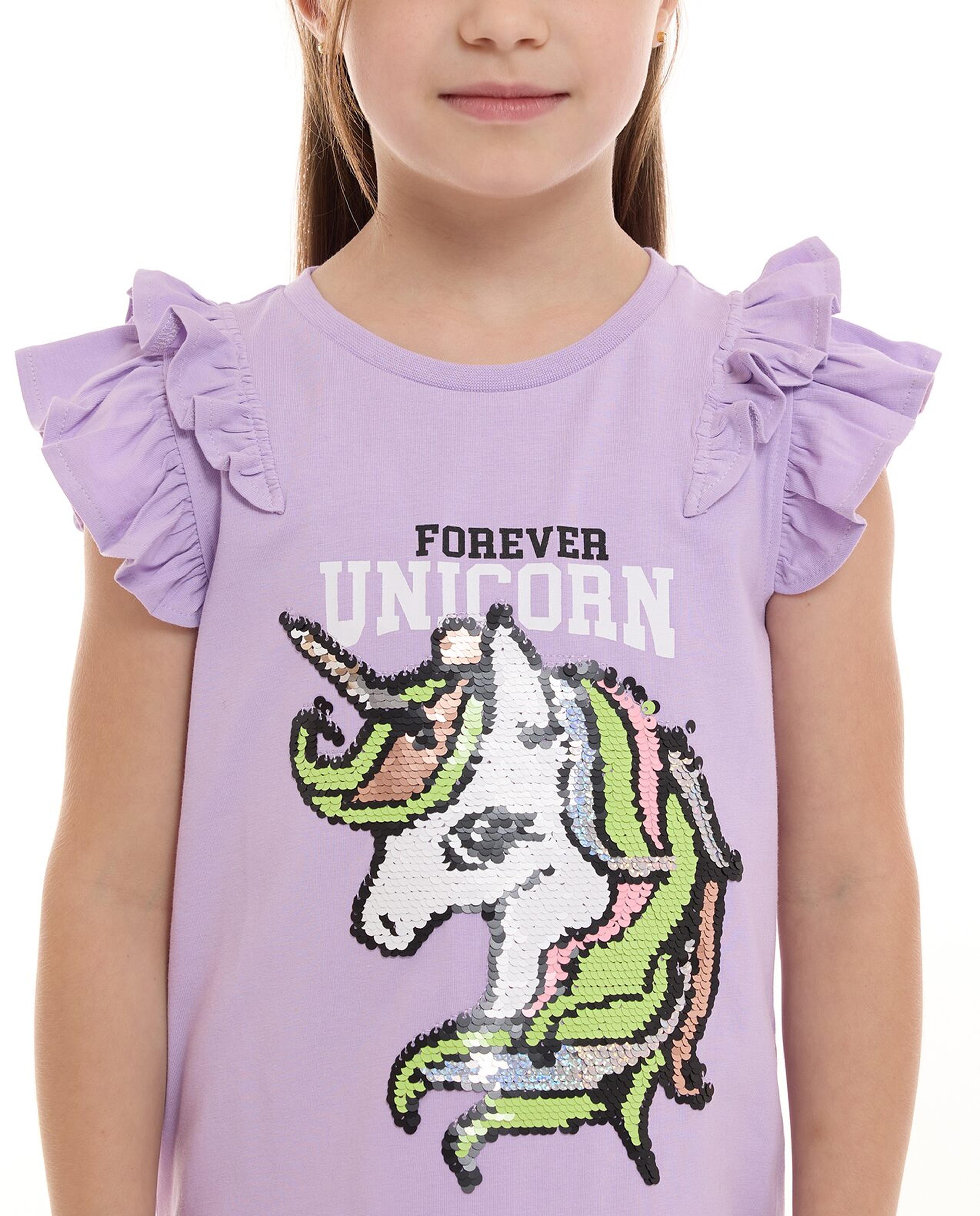Sequined Unicorn Top with Crew Neck and Flutter Sleeves