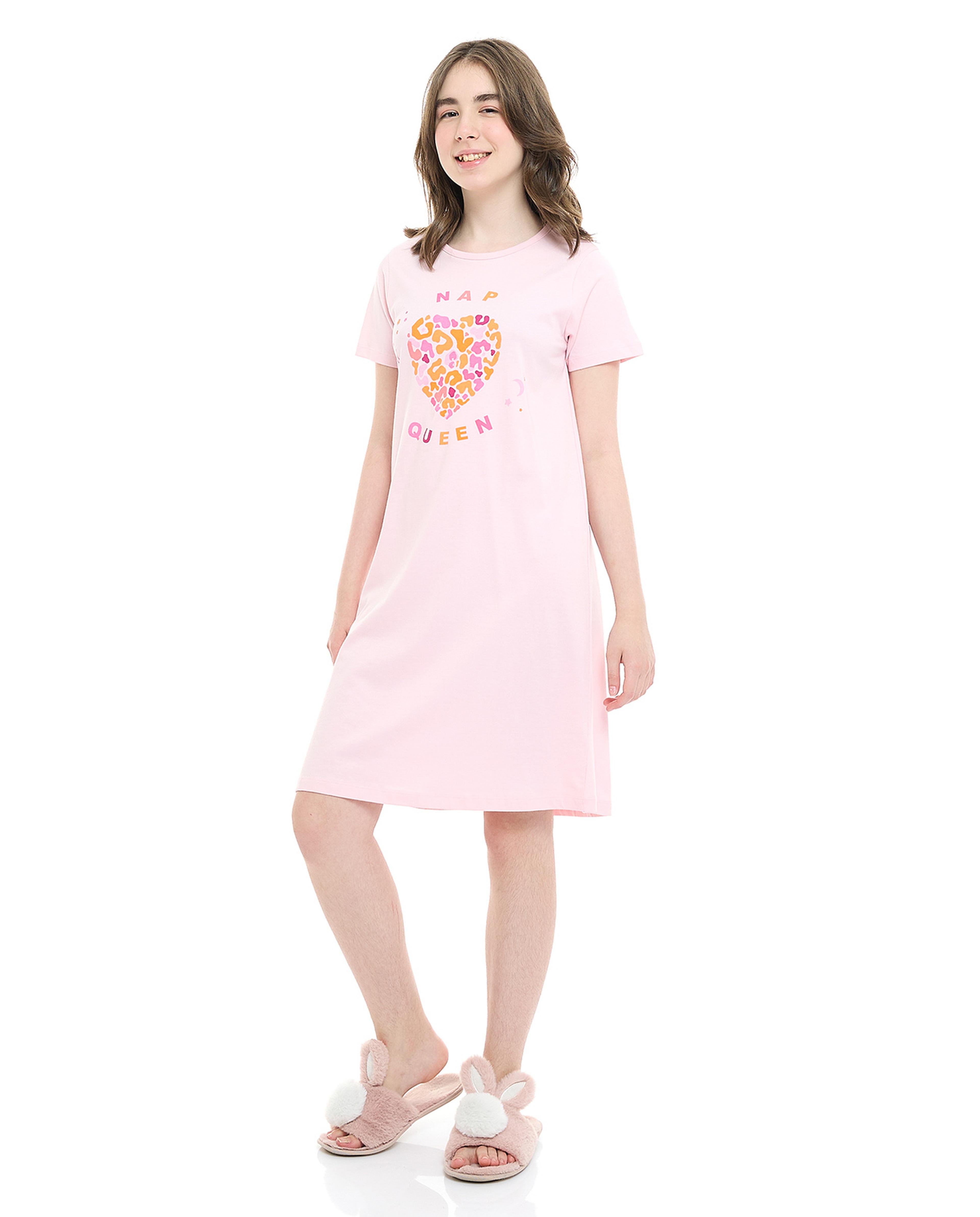 Printed Nightdress with Crew Neck and Short Sleeves