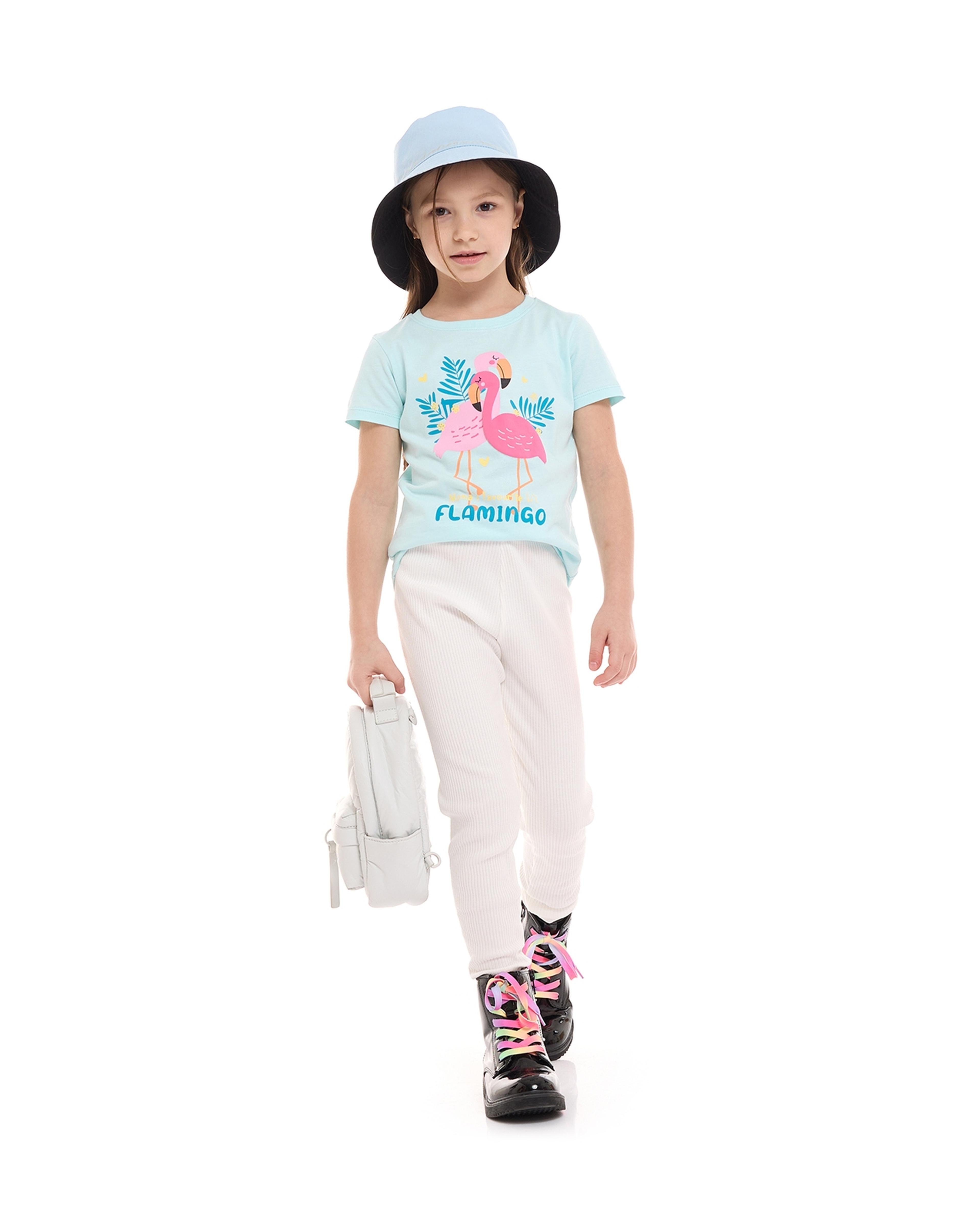 Flamingo Print T-Shirt with Crew Neck and Short Sleeves