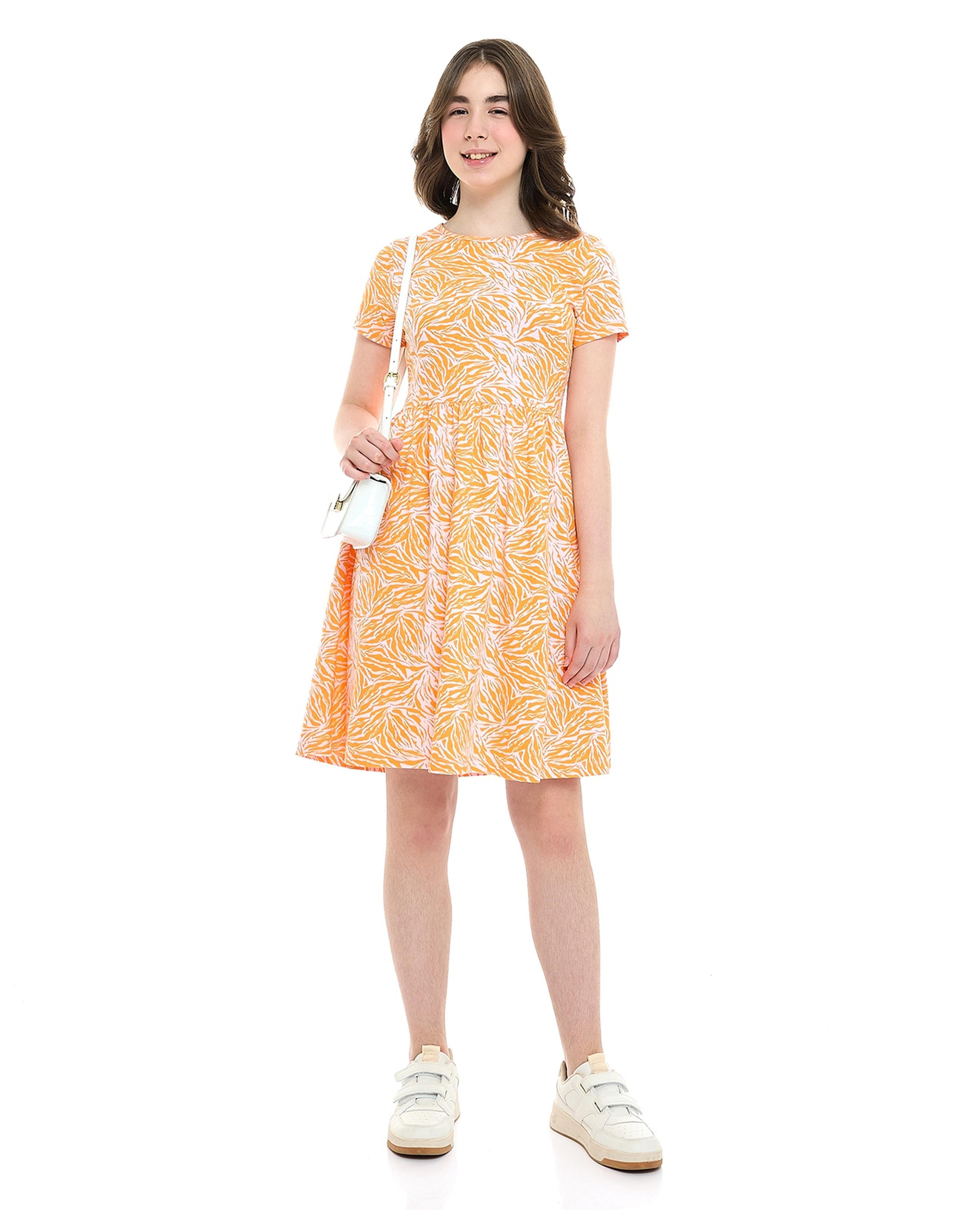 Printed Fit and Flare Dress with Crew Neck and Short Sleeves