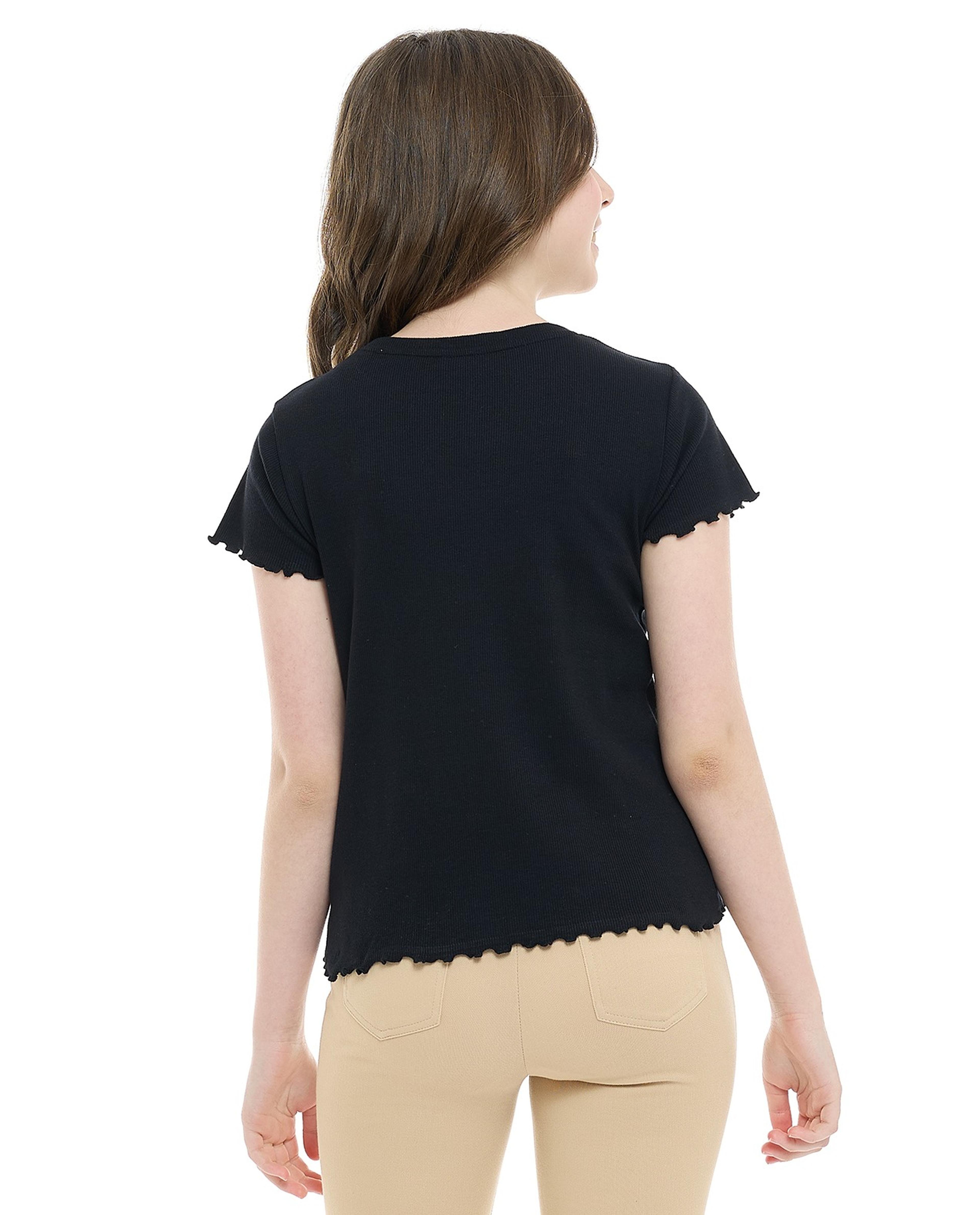 Studded Ribbed Top with Crew Neck and Short Sleeves