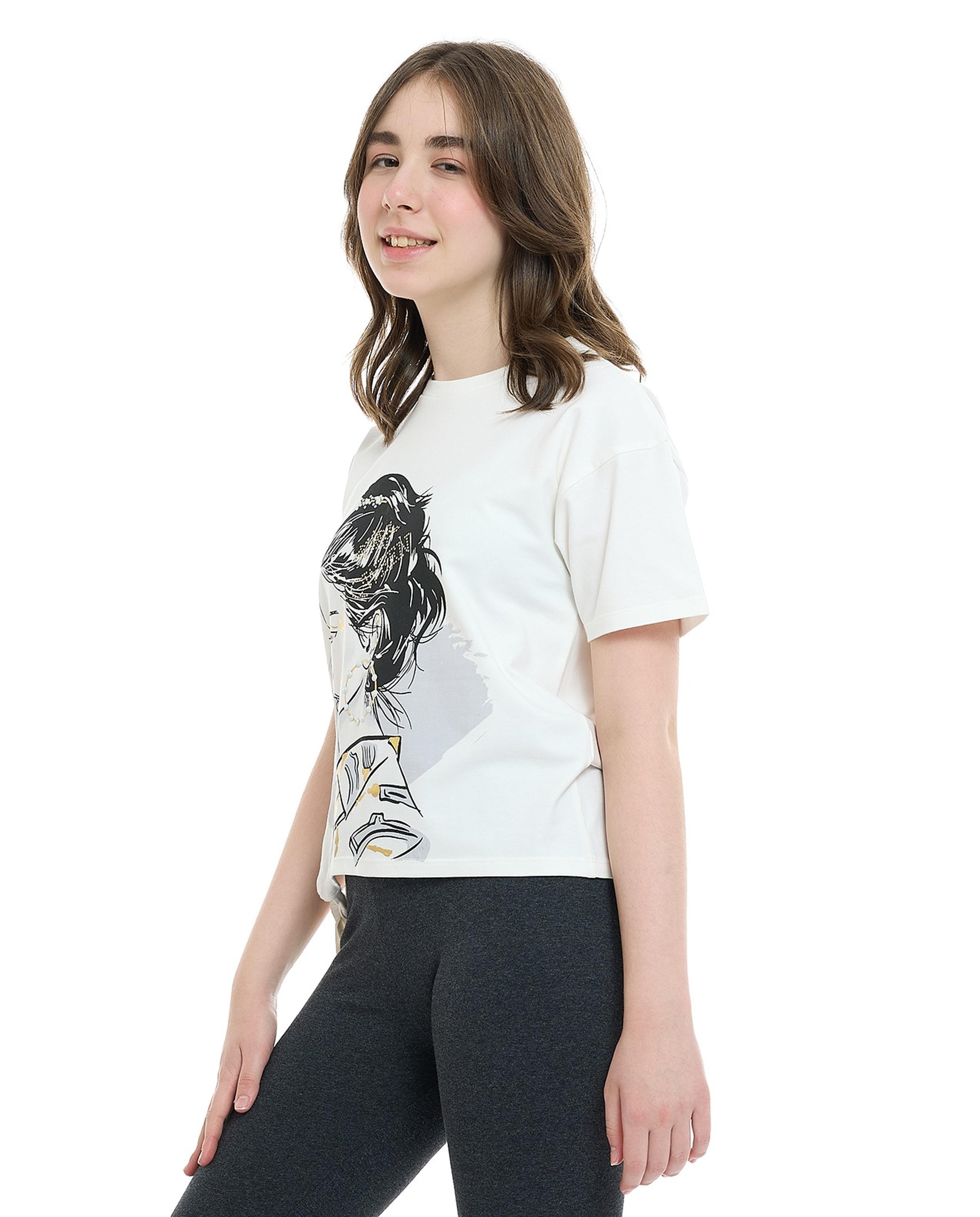Printed Top with Crew Neck and Short Sleeves
