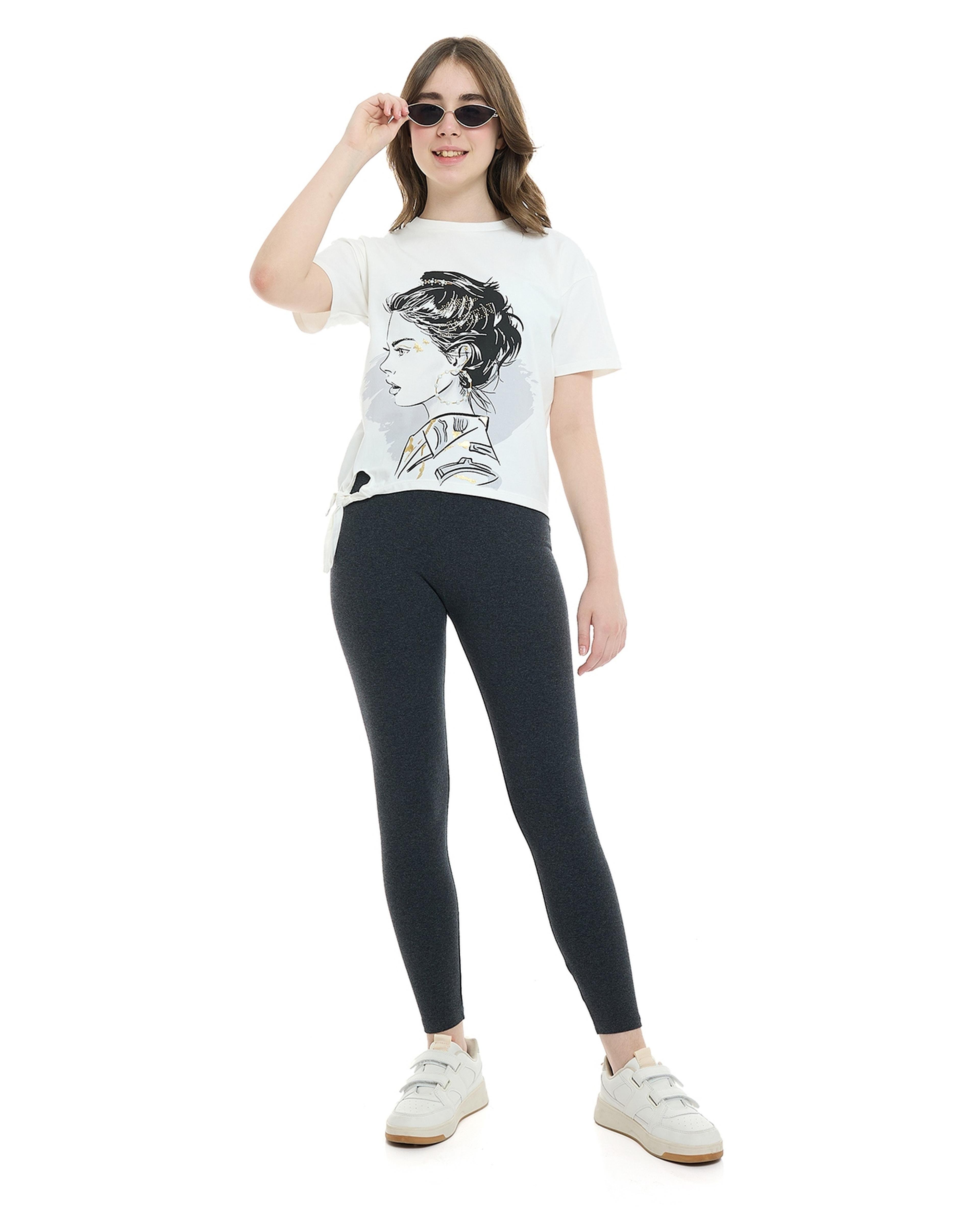 Printed Top with Crew Neck and Short Sleeves