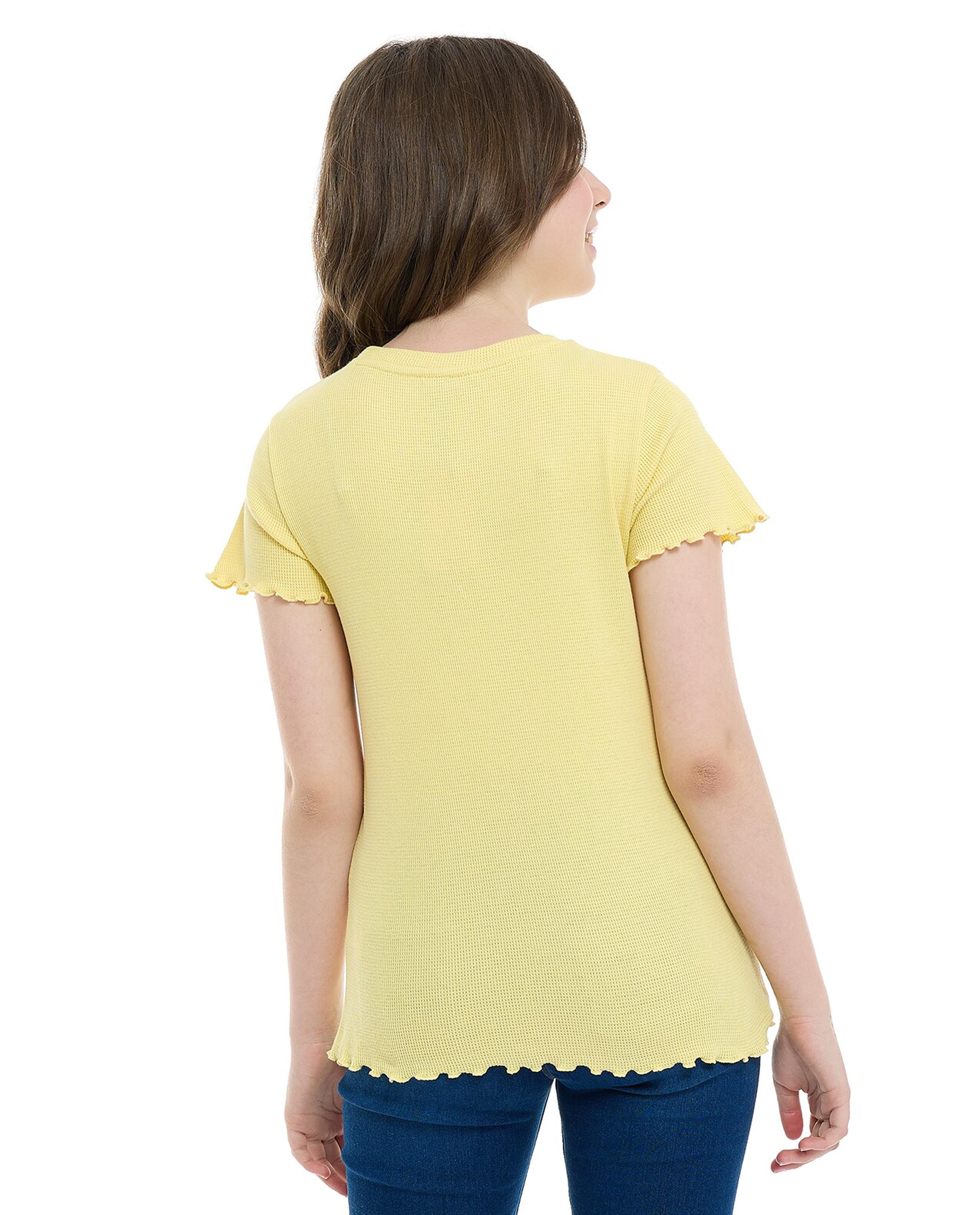 Waffle Textured Top with Crew Neck and Short Sleeves