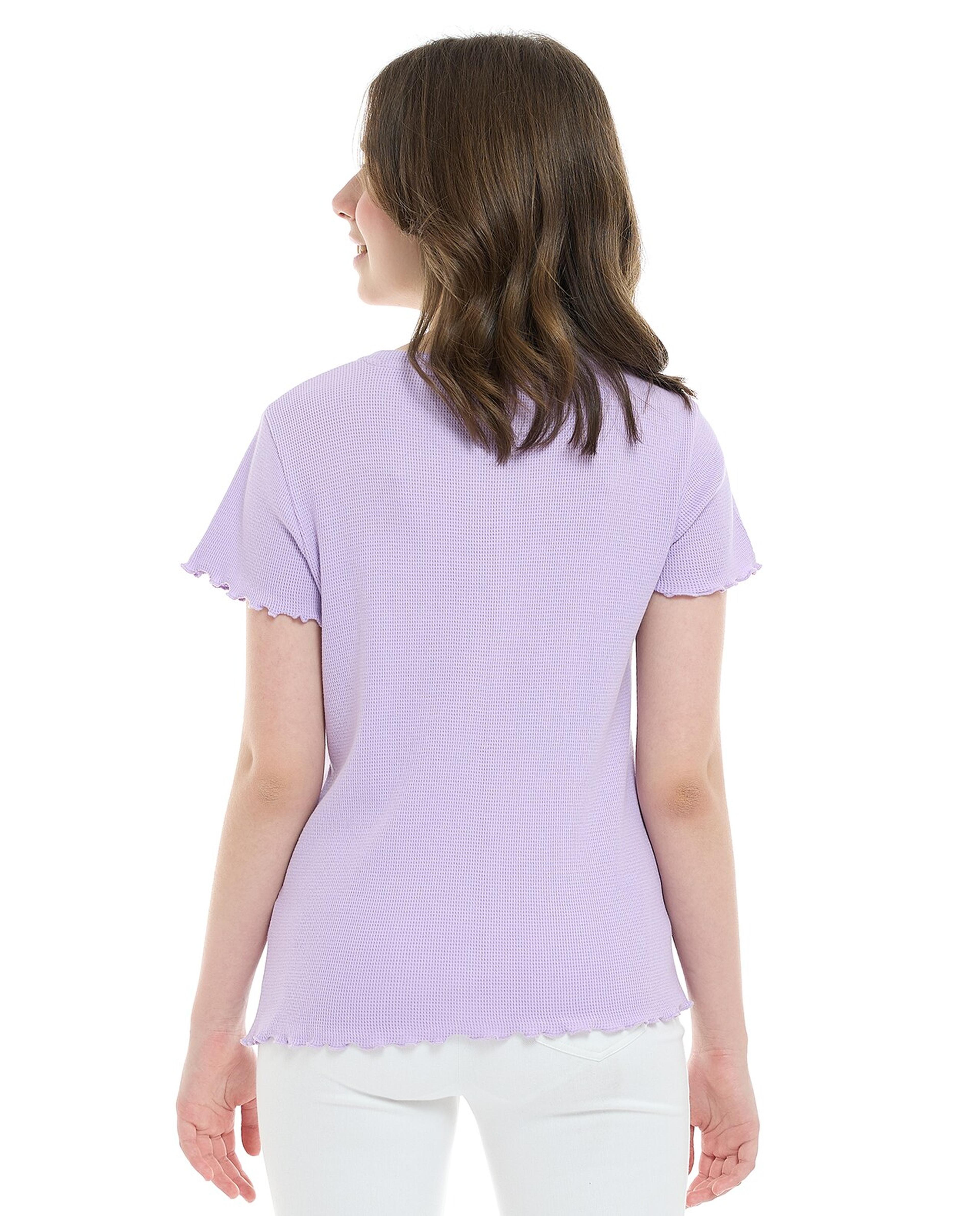 Waffle Textured Top with Crew Neck and Short Sleeves