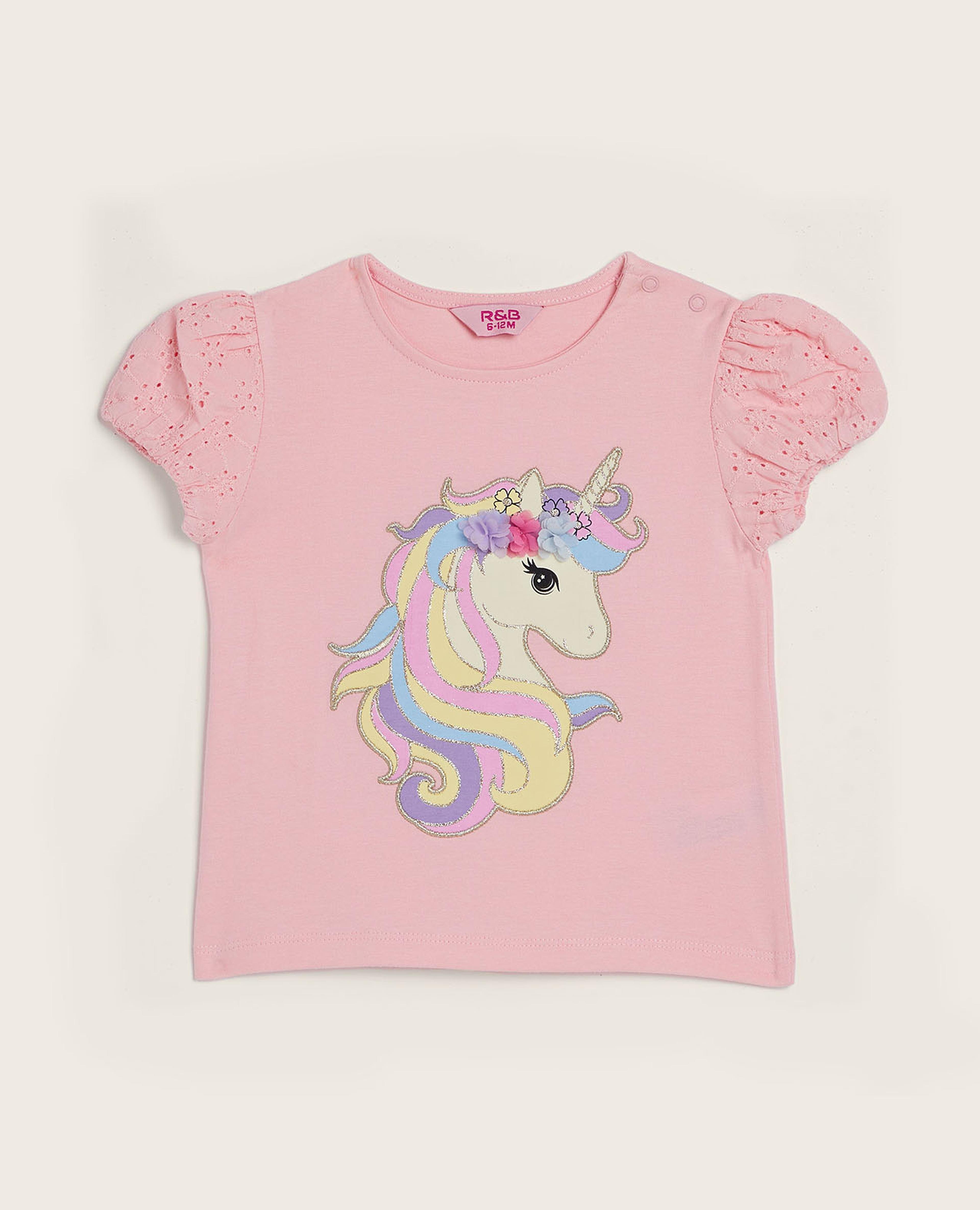 Unicorn Embroidered Top with Crew Neck and Puff Sleeves
