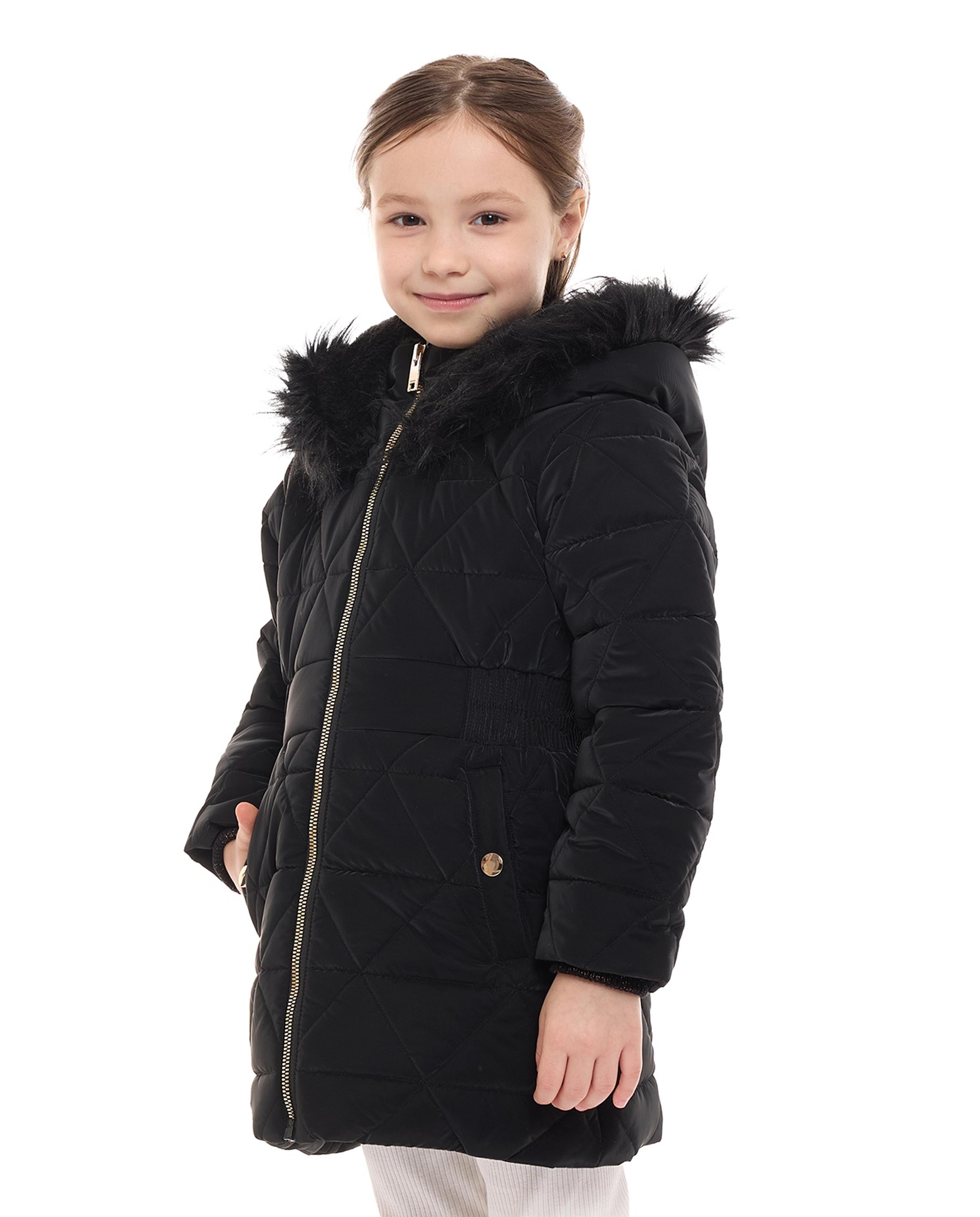 Furry Hooded Quilted Jacket with Zipper Closure