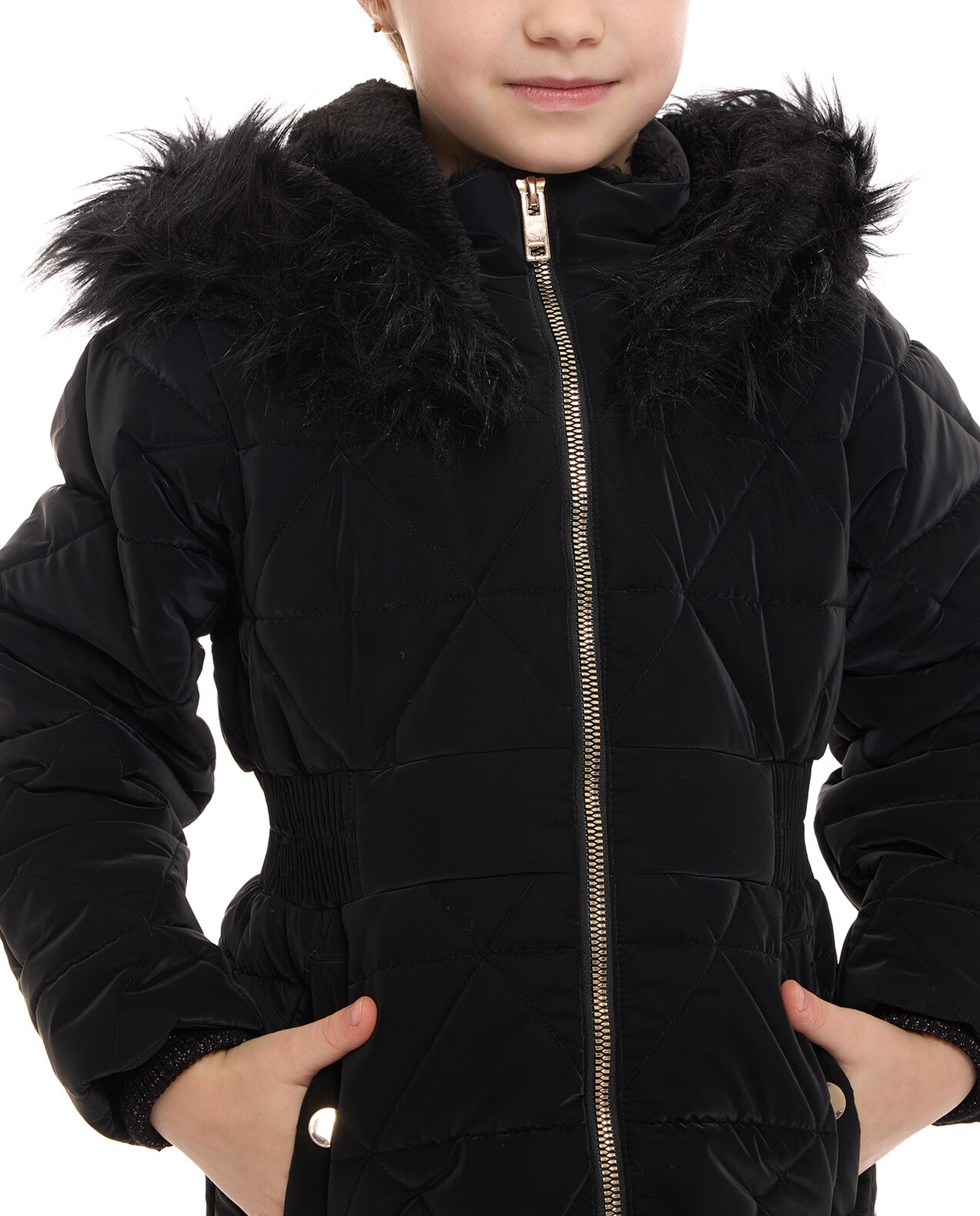 Furry Hooded Quilted Jacket with Zipper Closure